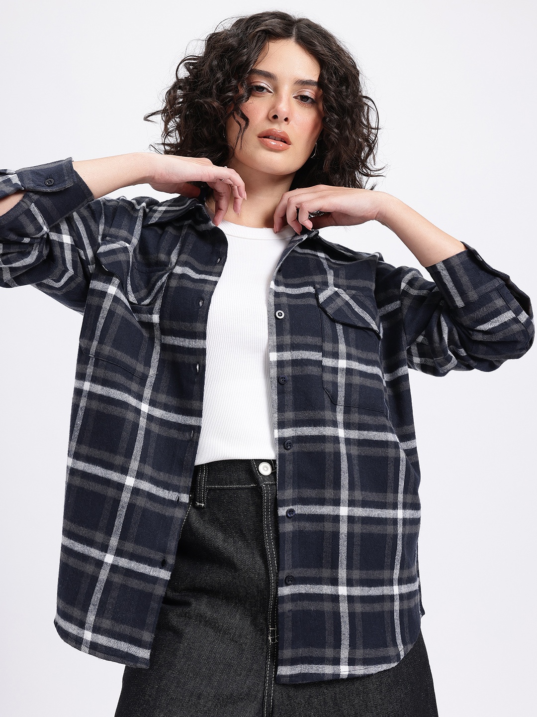 

glitchez Plaid Perfection Flannel Oversize Shirt, Navy blue