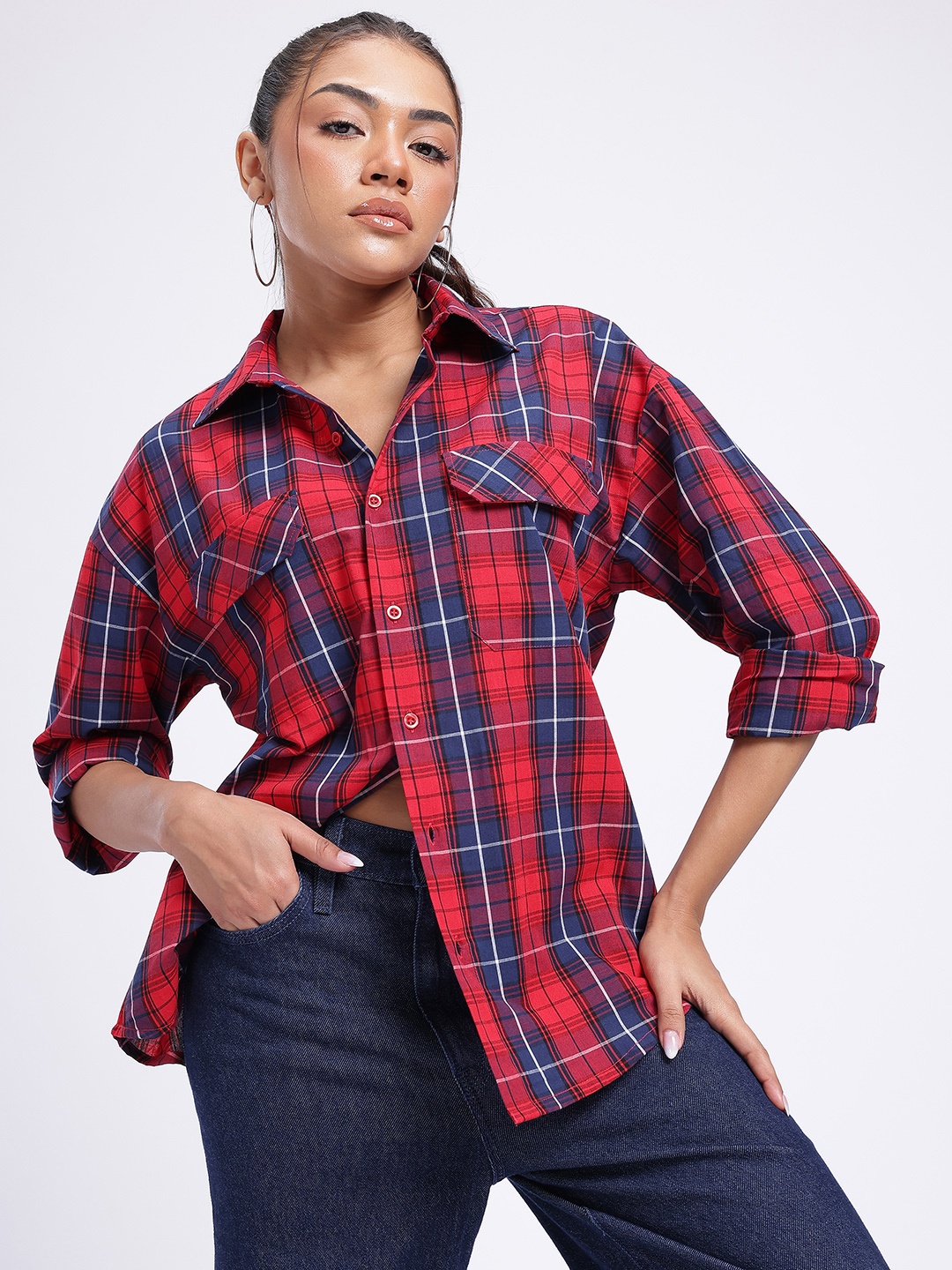 

glitchez The Layered Look Plaid Checked Oversized Shirt, Red