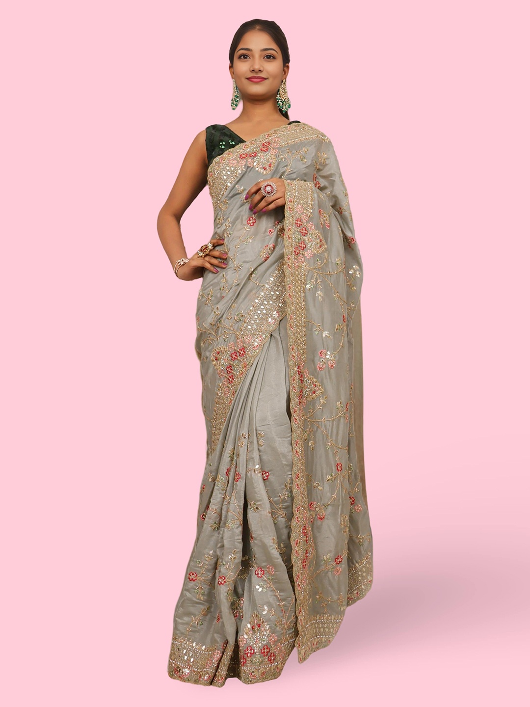 

Shreekama Floral Embroidered Poly Crepe Saree, Grey