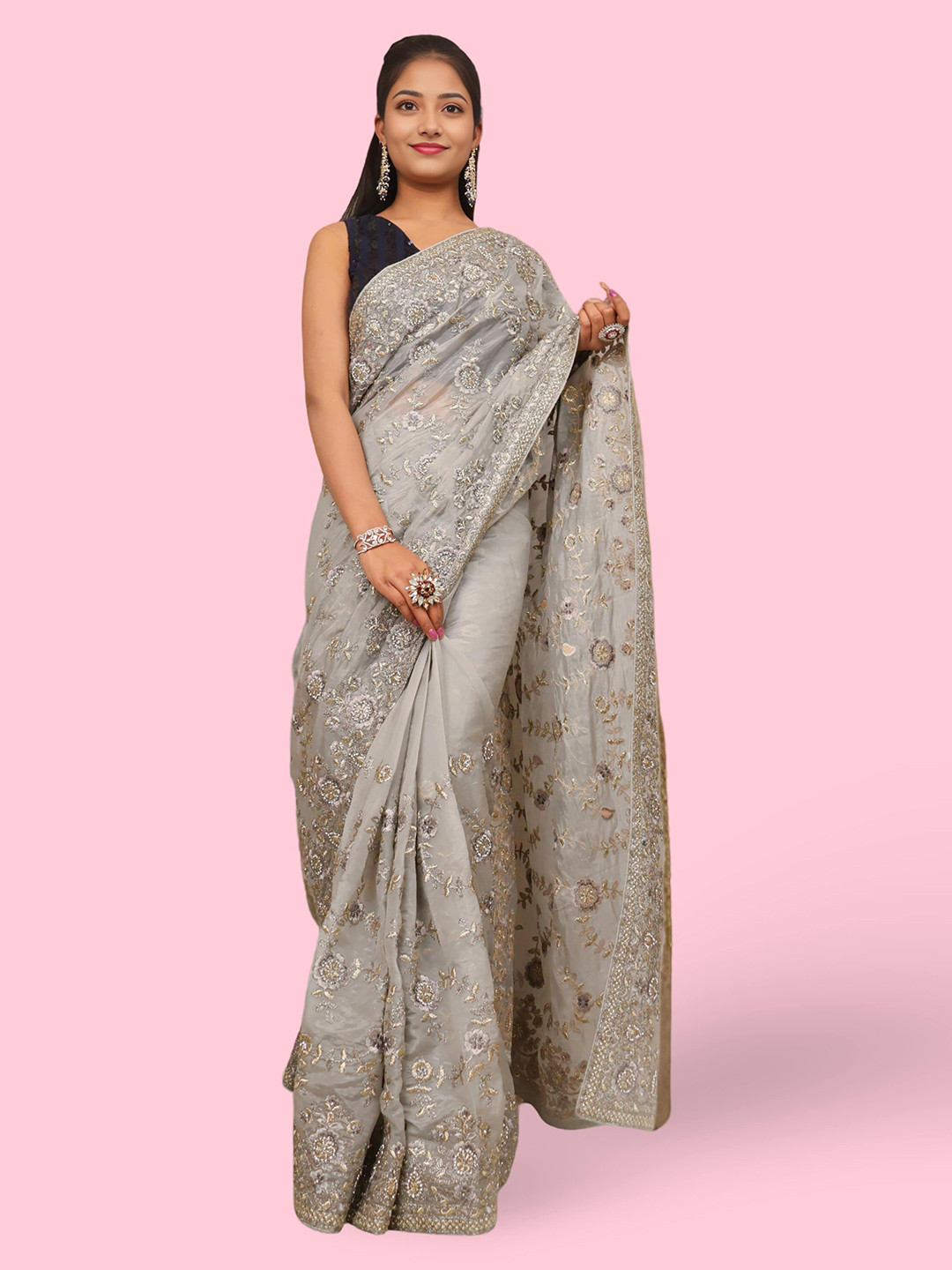 

Shreekama Floral Embroidered Tissue Saree, Grey