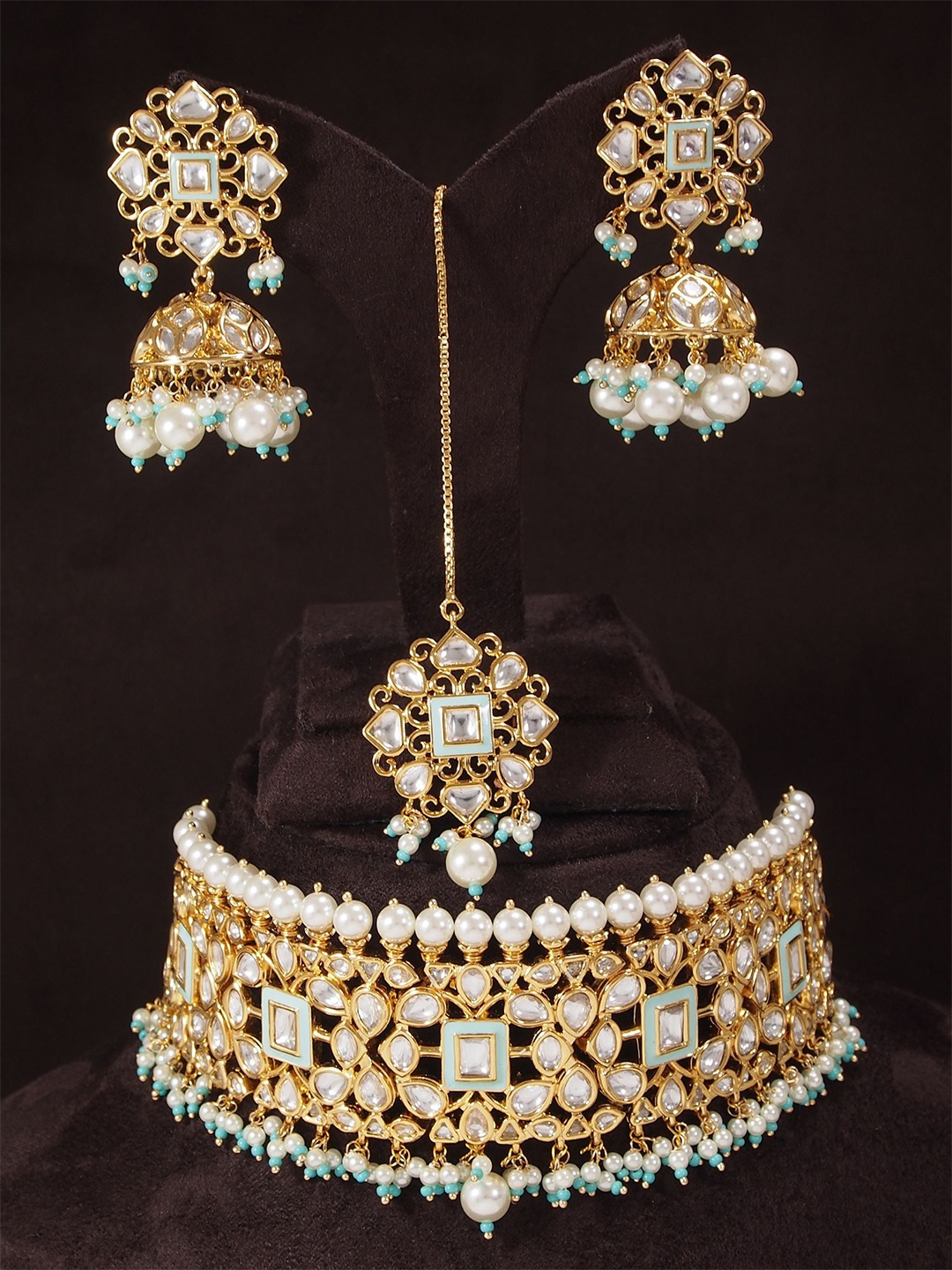

I Jewels 24K Gold Plated Artificial Stone Studded & Beaded Antique Jewellery Set