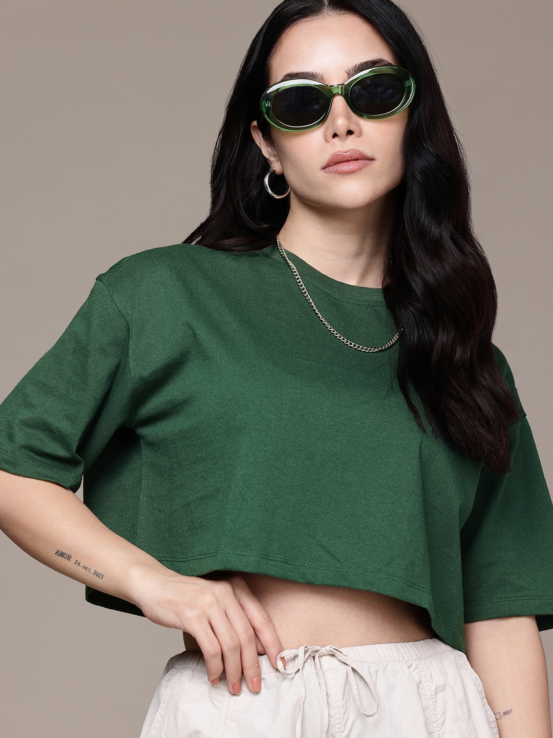 

Moda Rapido Drop-Shoulder Sleeves Boxy Crop T-shirt, Green