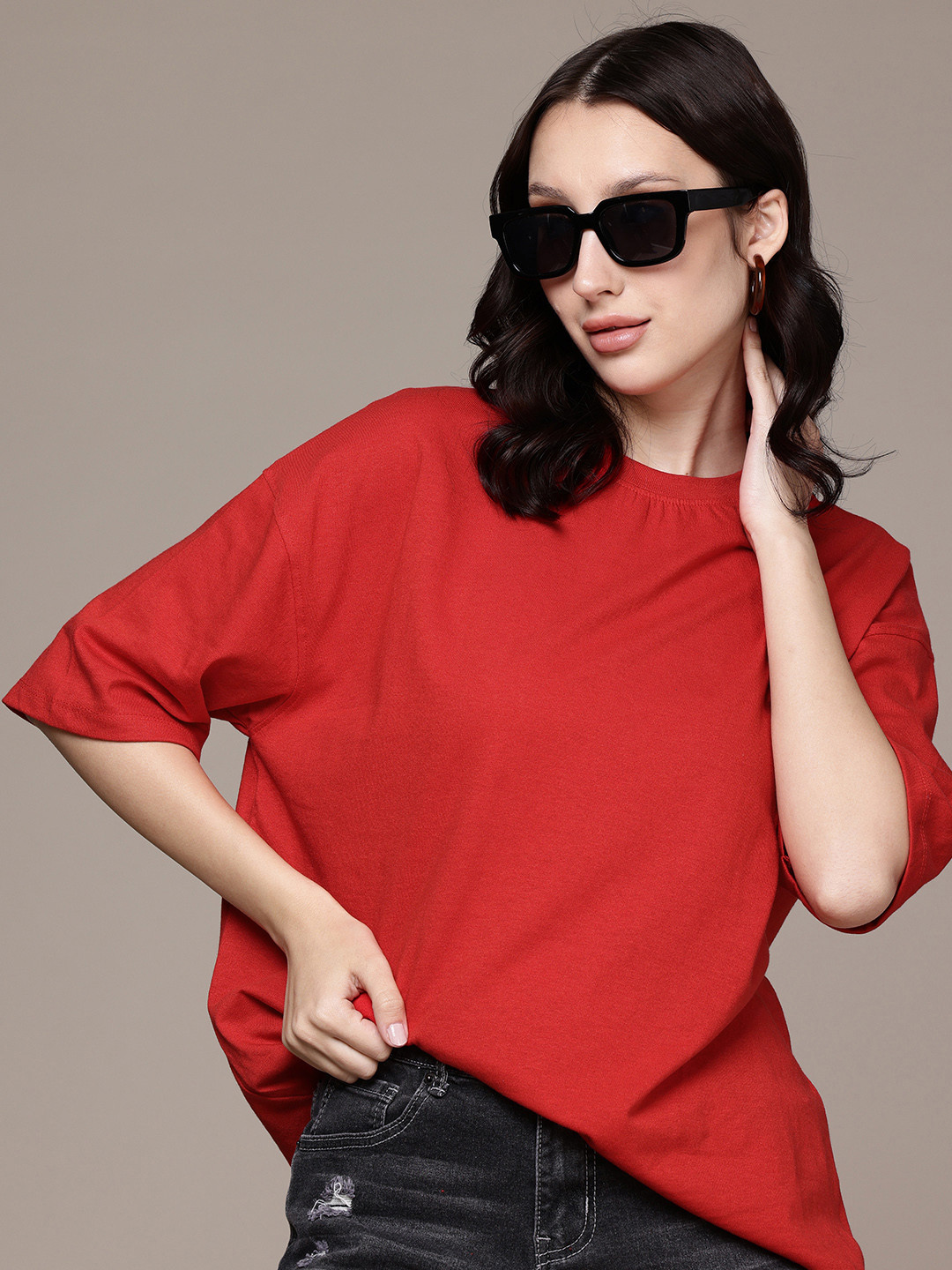 

Moda Rapido Women Drop-Shoulder Sleeves Oversized T-shirt, Red