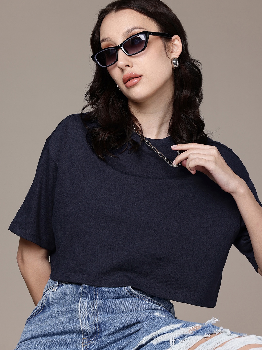 

Moda Rapido Women Drop-Shoulder Sleeves Crop Boxy T-shirt, Navy blue