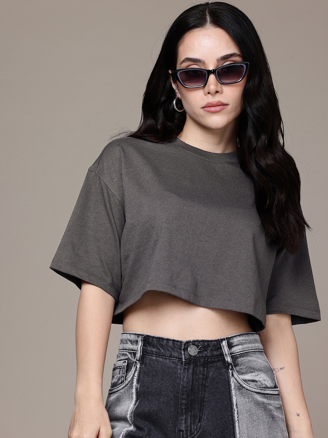 

Moda Rapido Women Drop-Shoulder Sleeves Crop Boxy T-shirt, Grey