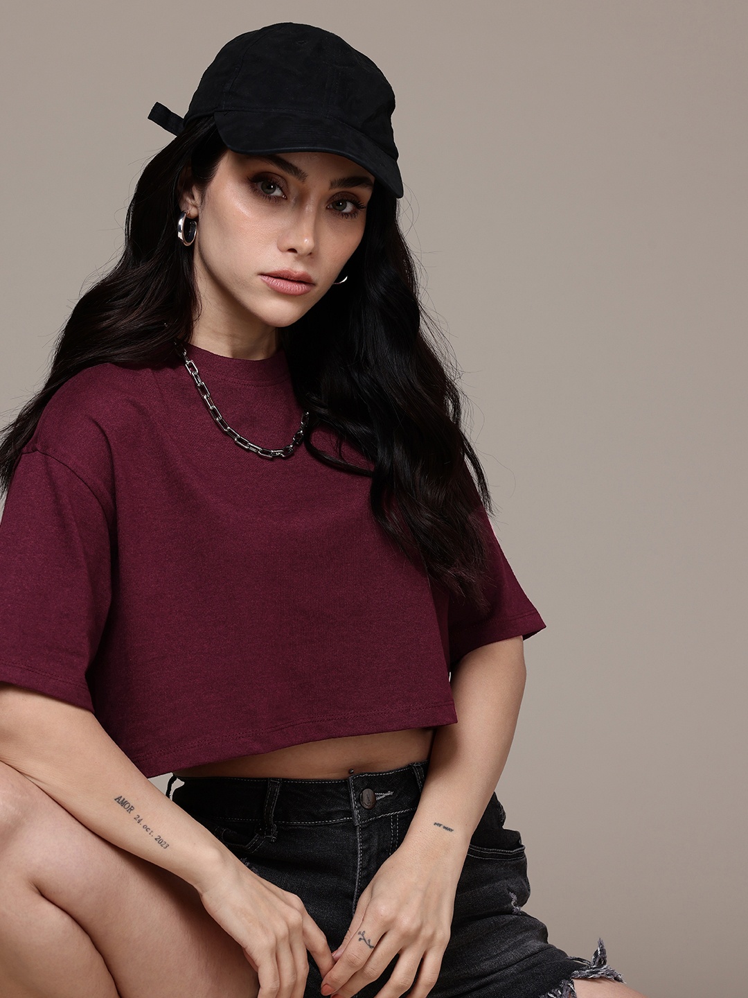 

Moda Rapido Drop-Shoulder Sleeves Boxy Crop T-shirt, Burgundy