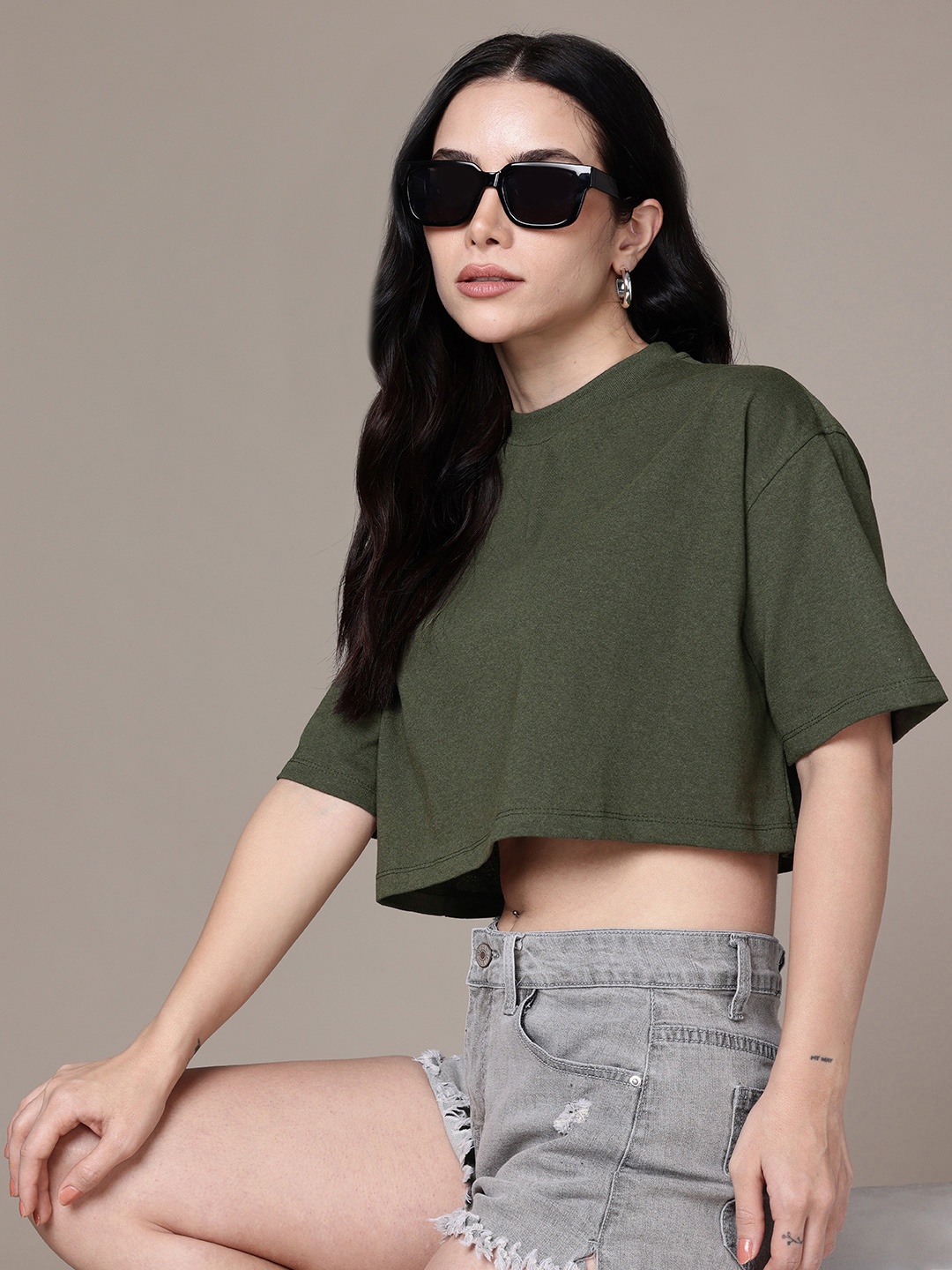 

Moda Rapido Women Drop-Shoulder Sleeves Crop Boxy T-shirt, Olive