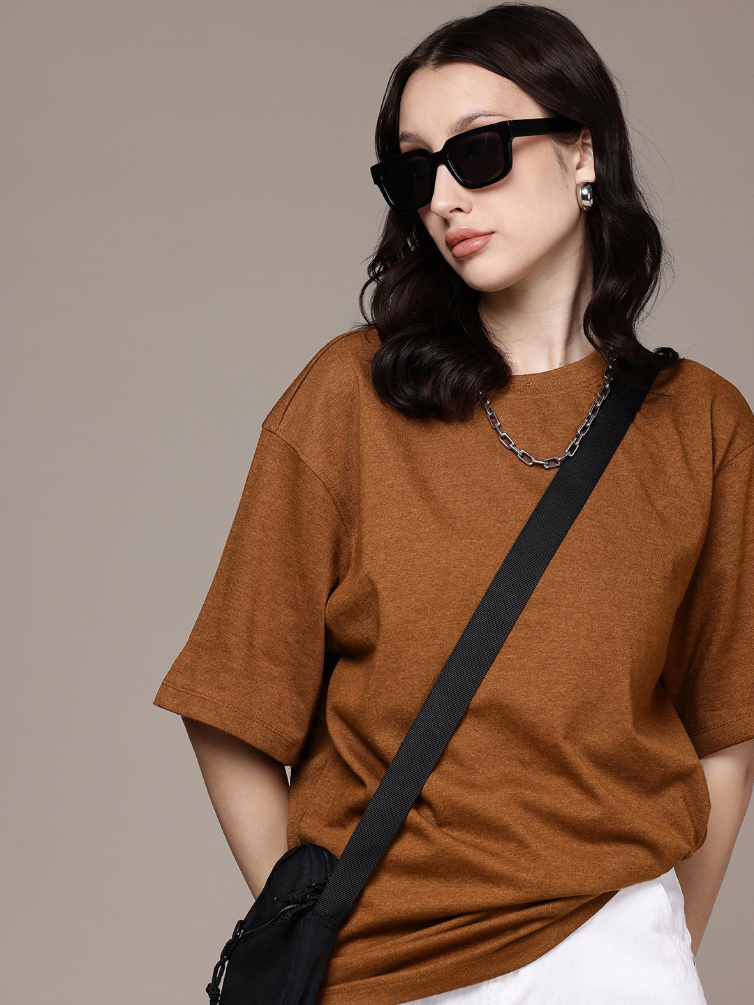 

Moda Rapido Drop-Shoulder Sleeves Oversized T-shirt, Brown