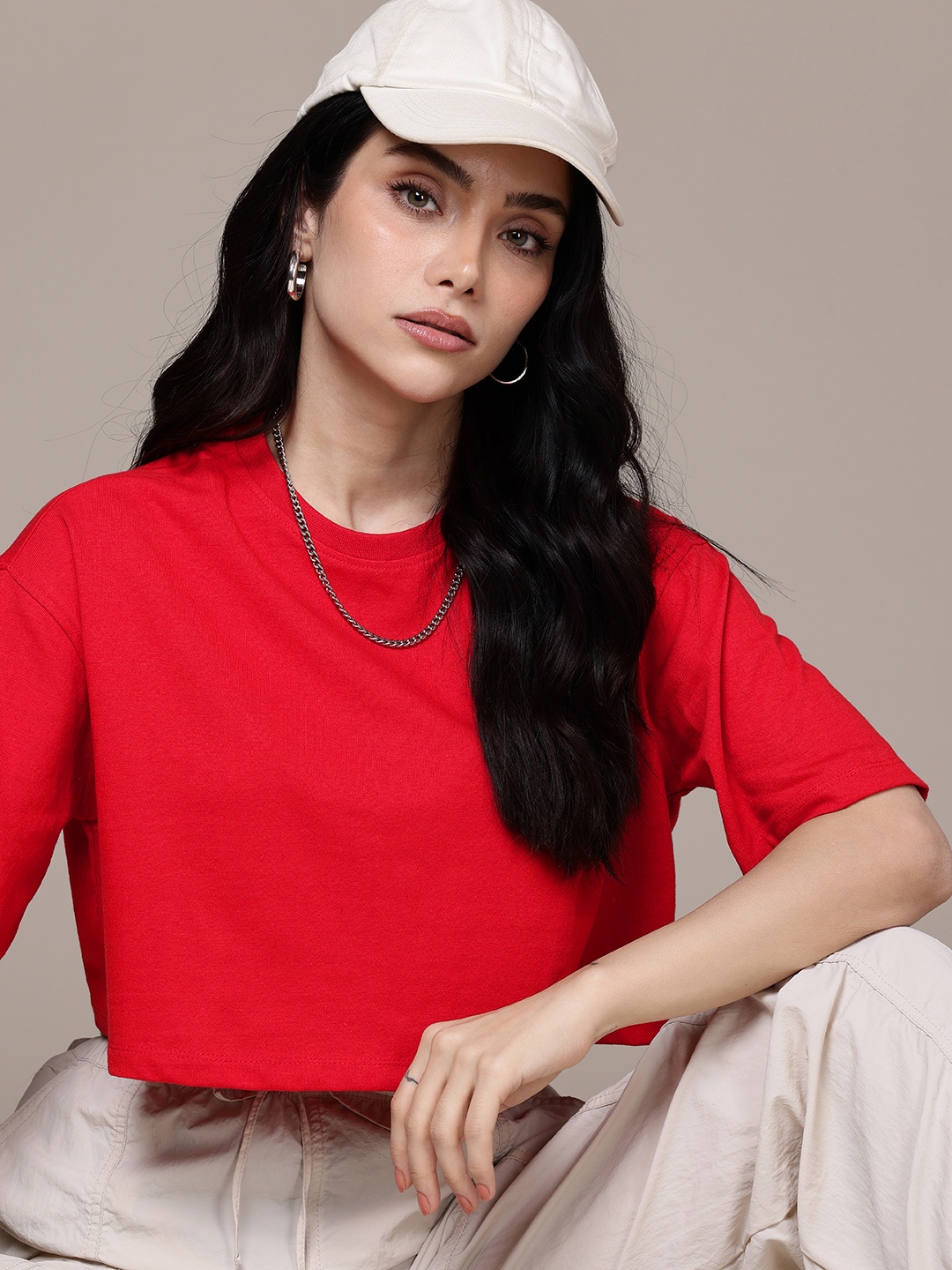

Moda Rapido Drop-Shoulder Sleeves Boxy Crop T-shirt, Red