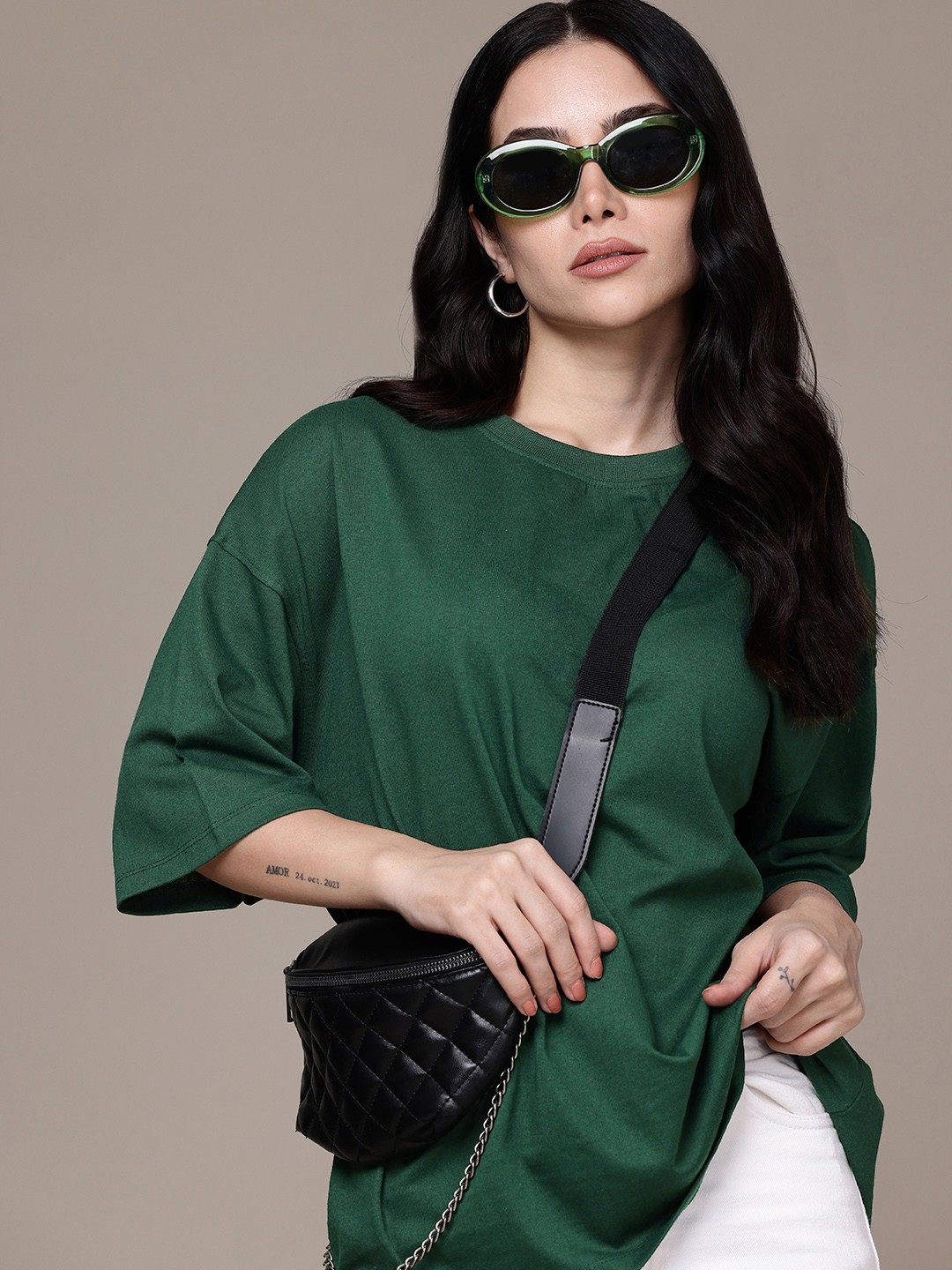 

Moda Rapido Women Drop-Shoulder Sleeves Oversized T-shirt, Green
