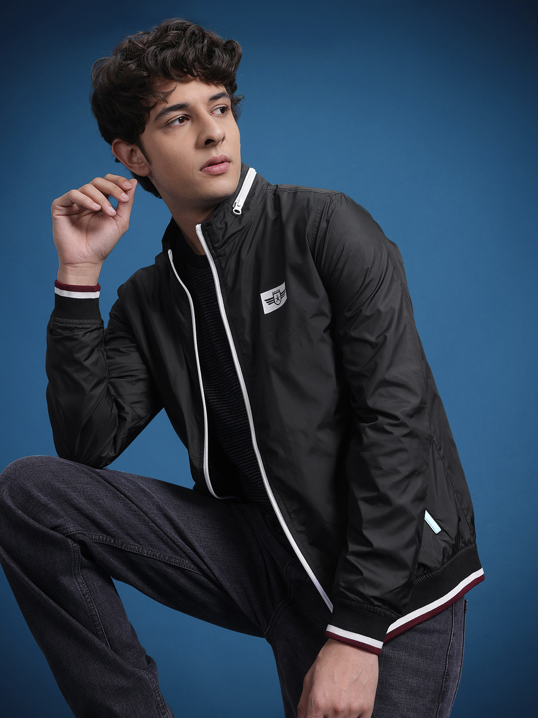 

The Roadster Lifestyle Co. Solid Windcheater Jacket with Contrast Details, Black