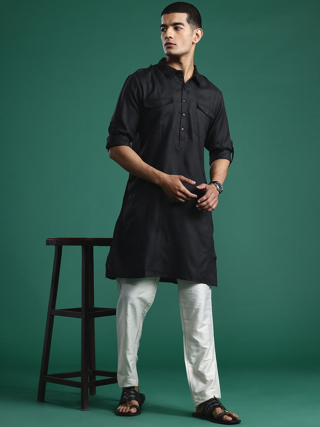 

Indo Era Men Pathani Pure Cotton Kurta, Black