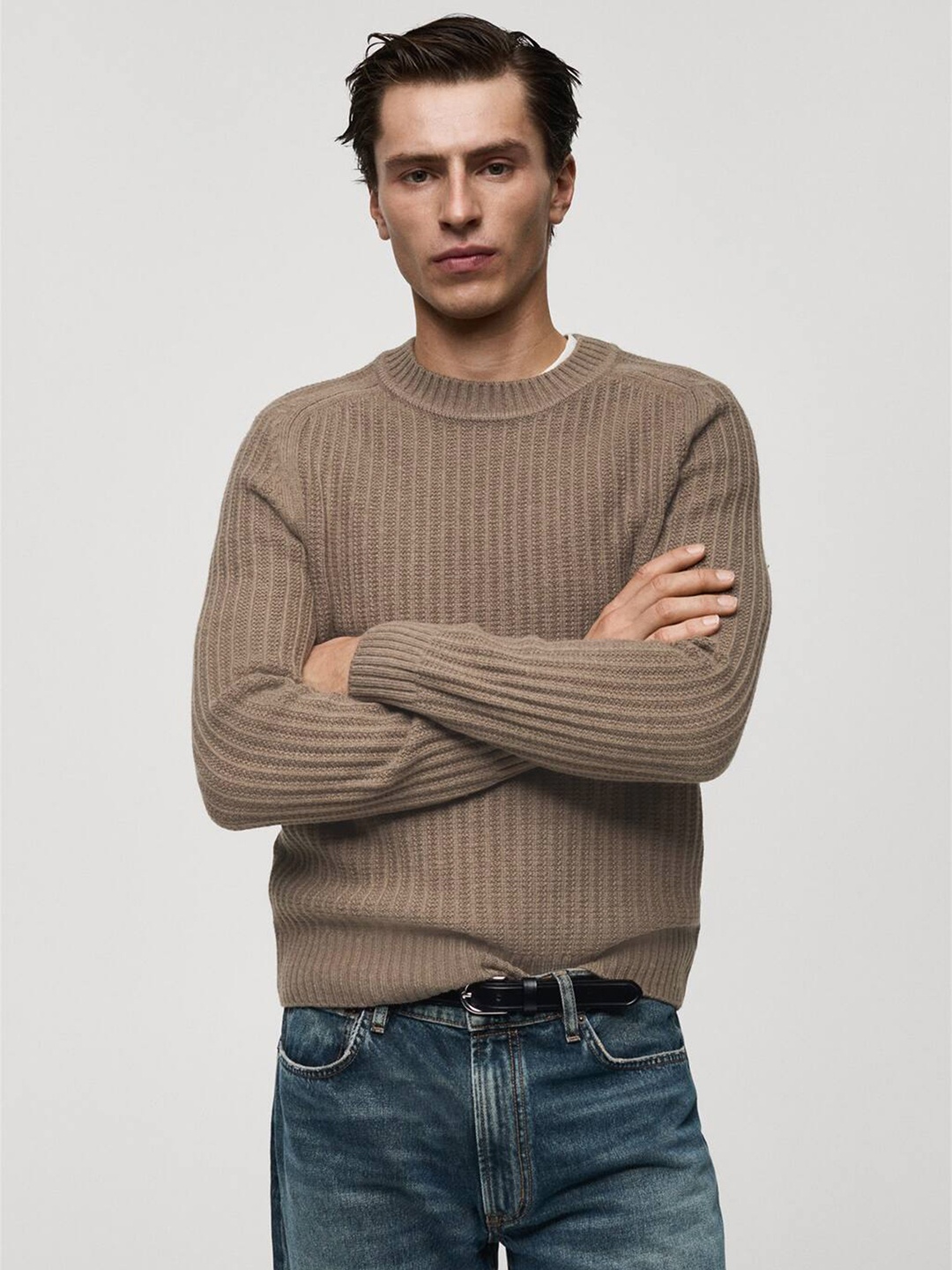 

MANGO MAN Ribbed Pullover, Taupe