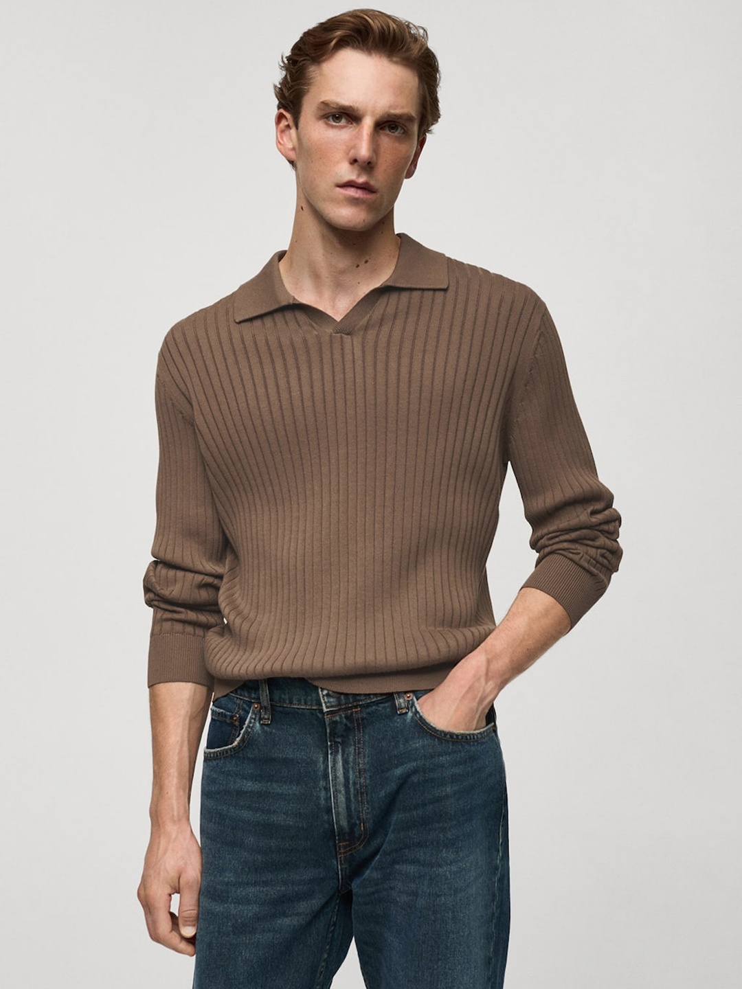 

MANGO MAN Cotton Fine Ribbed Knit Polo Pullover, Brown