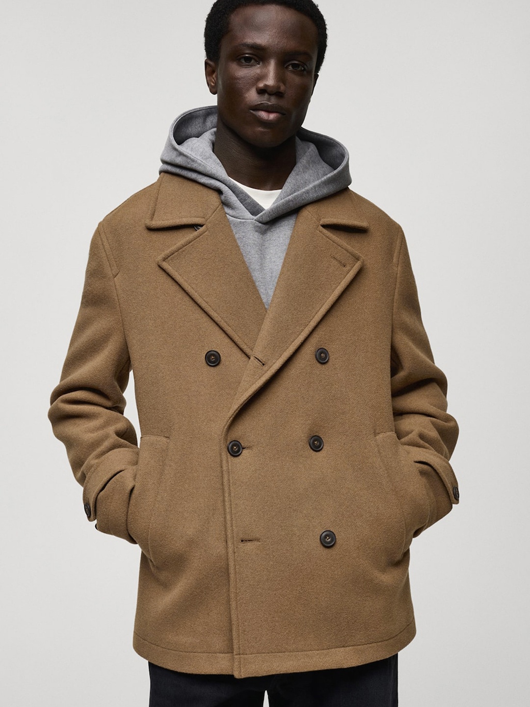 

MANGO MAN Double-Breasted Hip-Length Coat, Khaki