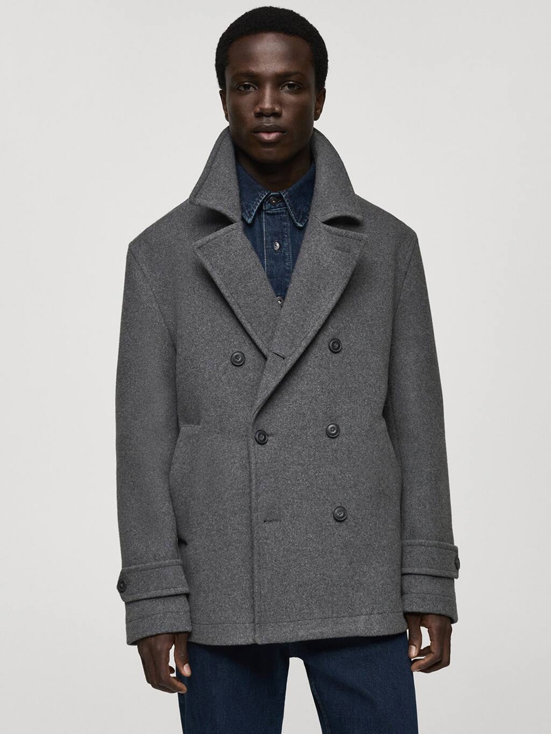 

MANGO MAN Double-Breasted Hip-Length Coat, Charcoal