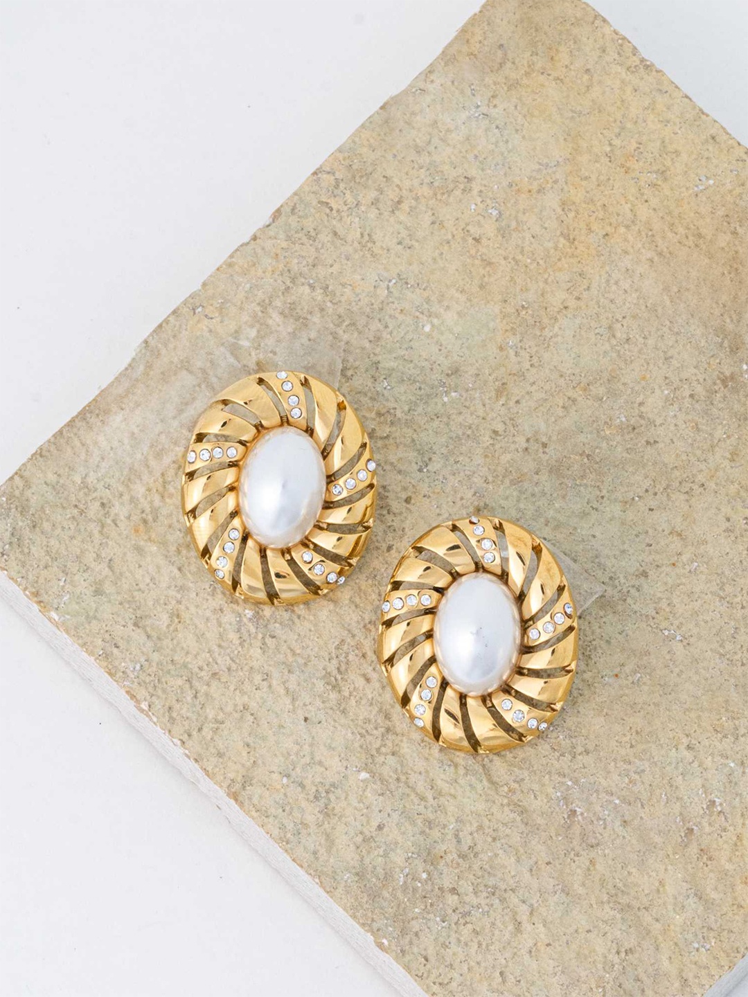 

ZAISHA 18K Gold Plated Pearls Studded Oval Shaped Drop Earrings, White