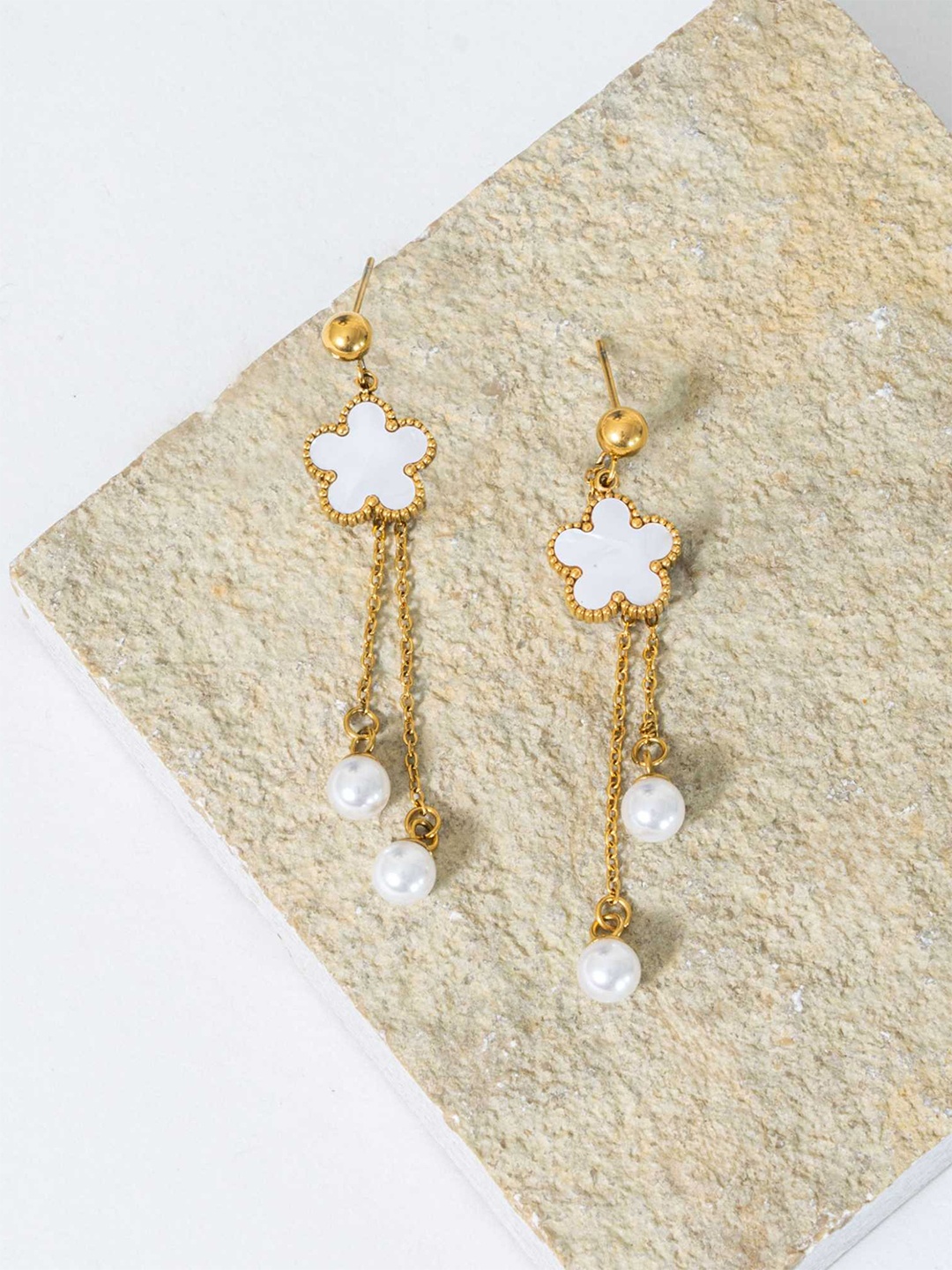 

ZAISHA Stainless Steel 18K Gold-Plated Contemporary Shaped Mother of Pearls Drop Earrings