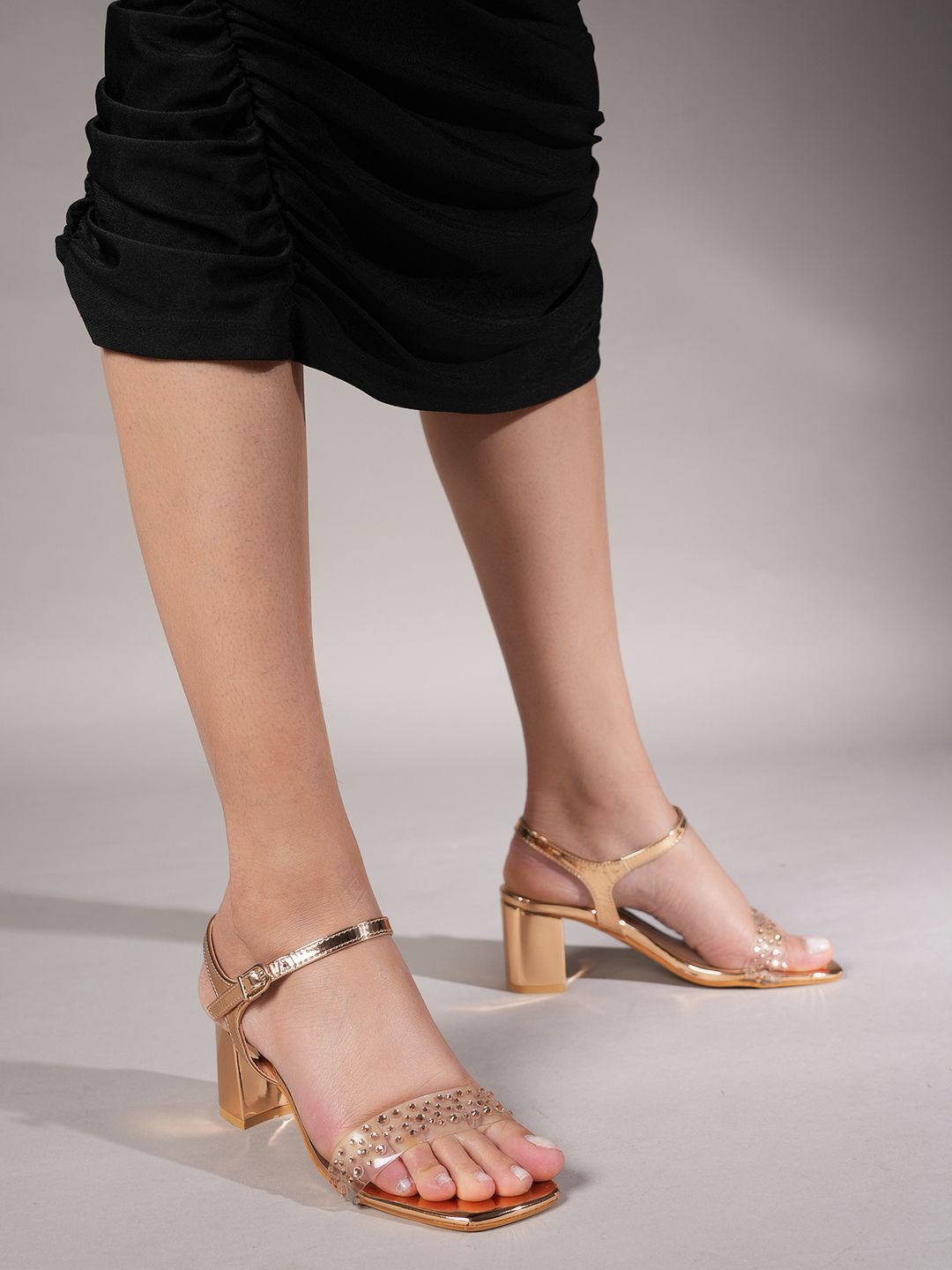

DressBerry Women Embellished Block Sandals, Rose gold