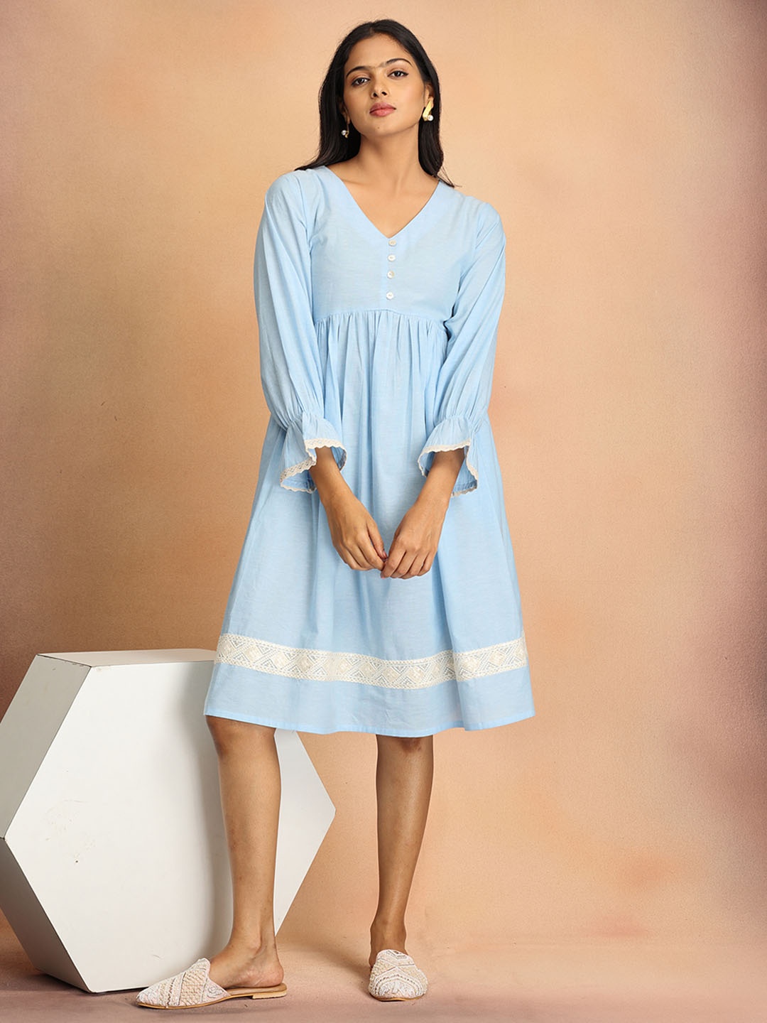 

The Woman Store Women Puff Sleeves Cotton Fit & Flare Midi Dress, Blue