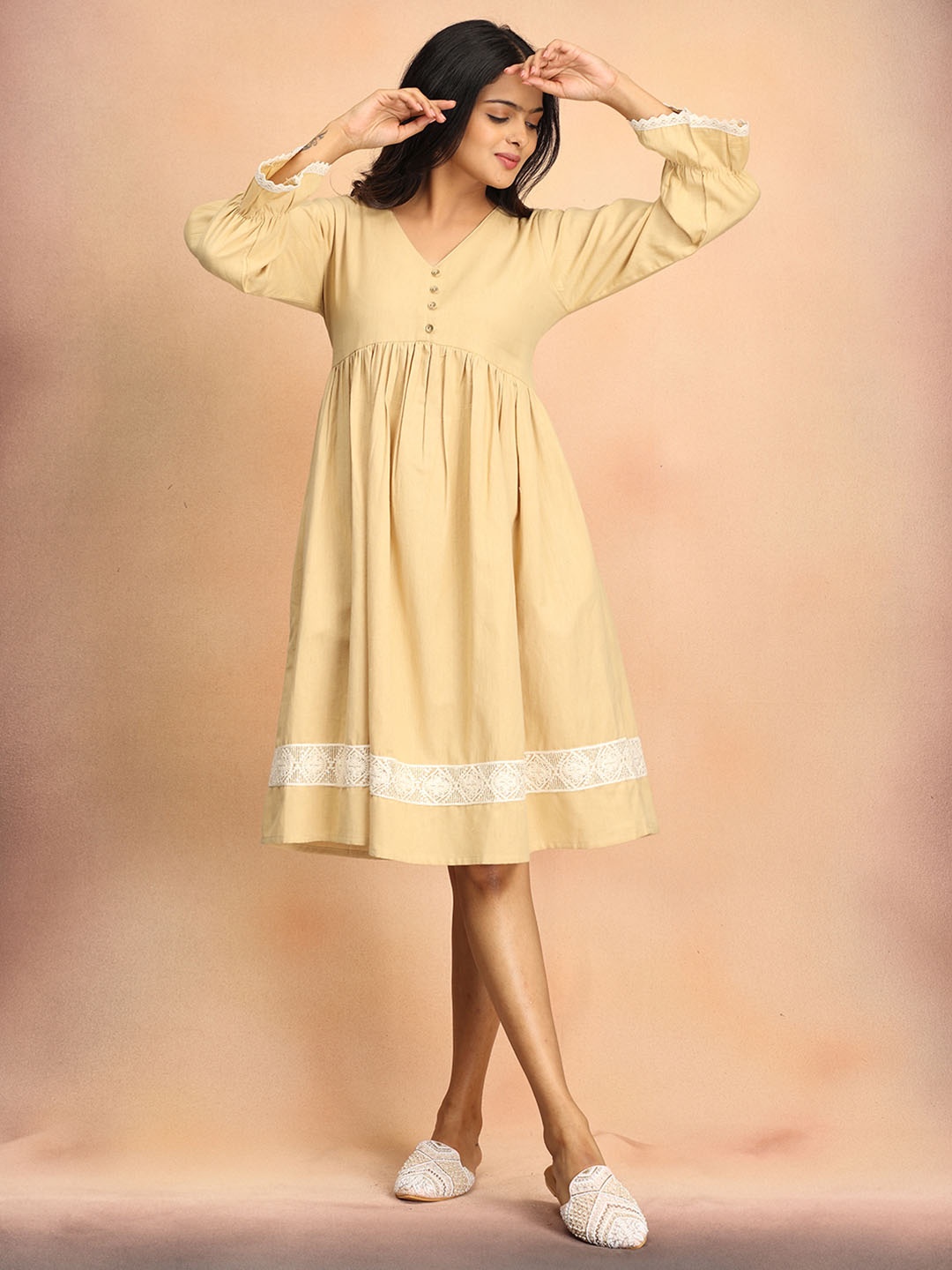 

The Woman Store Women V-Neck Cotton Empire Dress, Beige