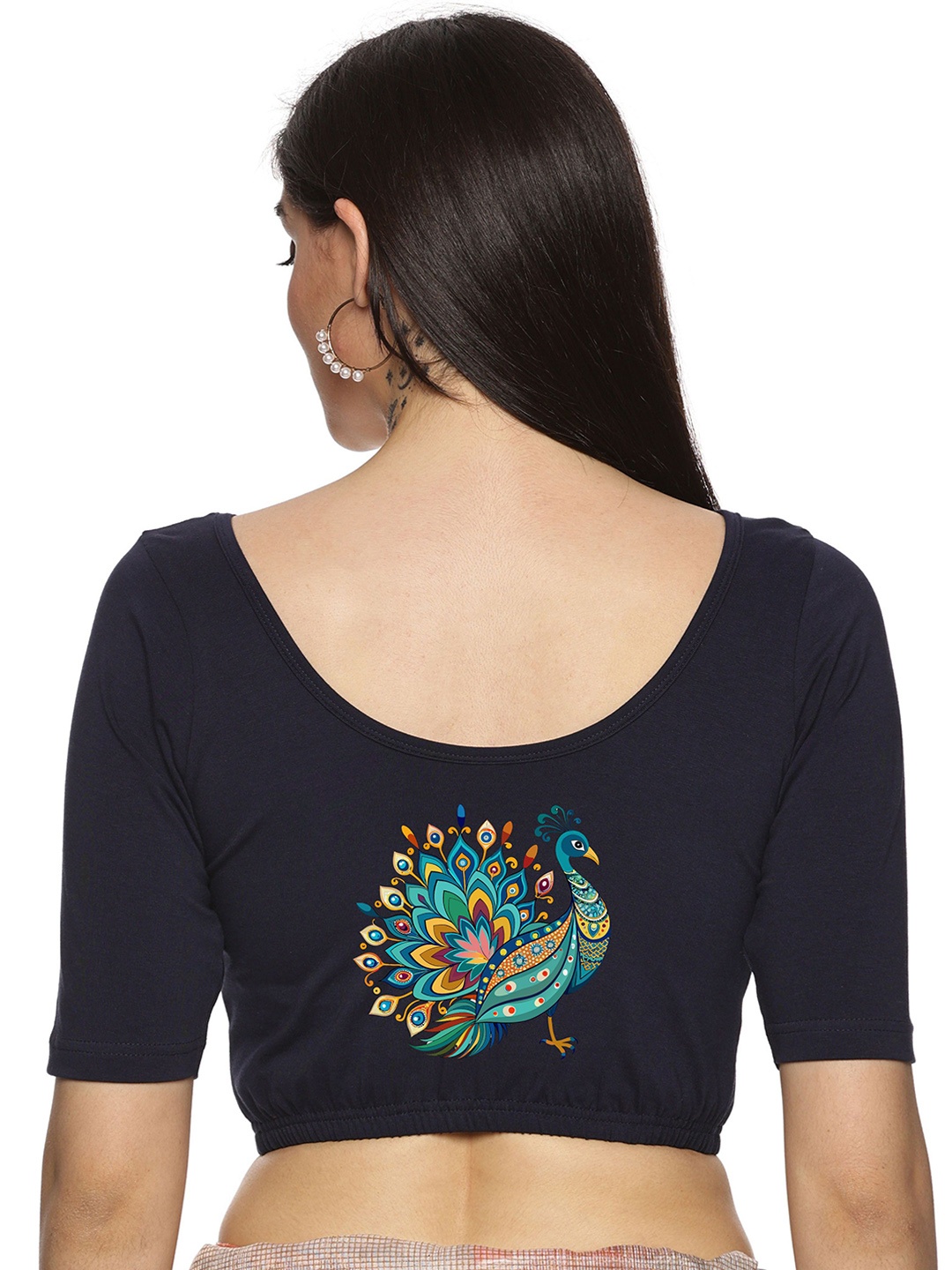 

NOT YET by us Women Back Printed Stretchable Saree Blouse, Navy blue