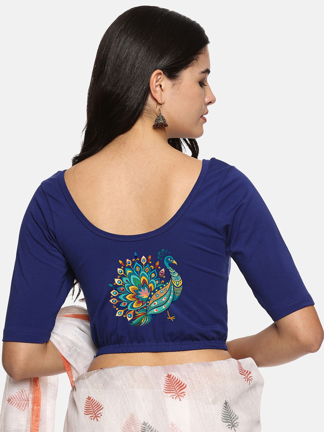 

NOT YET by us Back Printed Stretchable Saree Blouse, Blue
