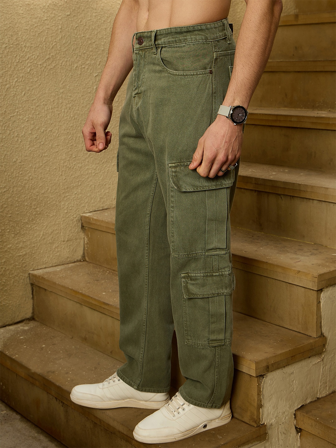 

DENNISON Korean Baggy Fit Cargo Jeans, Olive
