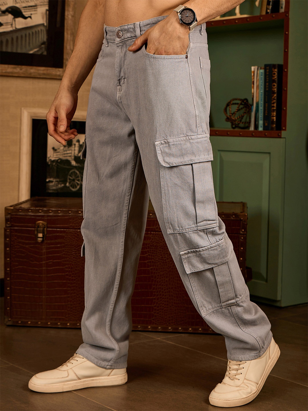 

DENNISON Korean Baggy Fit Cargo Jeans, Grey