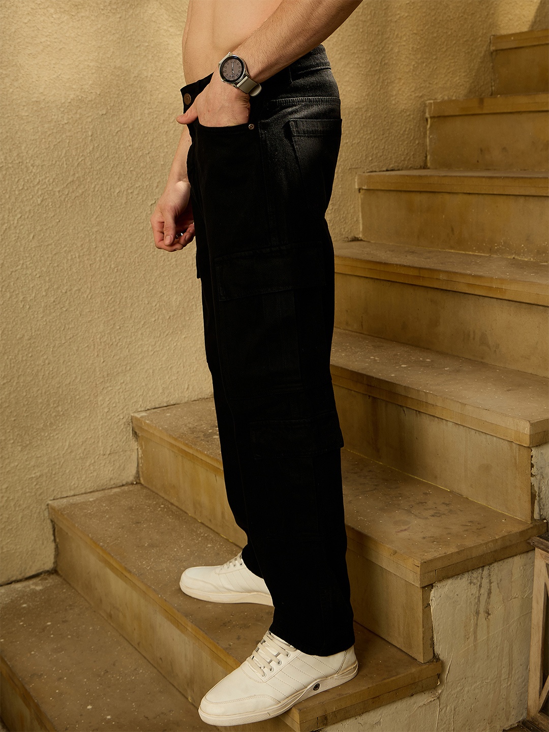 

DENNISON Korean Baggy Fit Cargo Jeans, Black