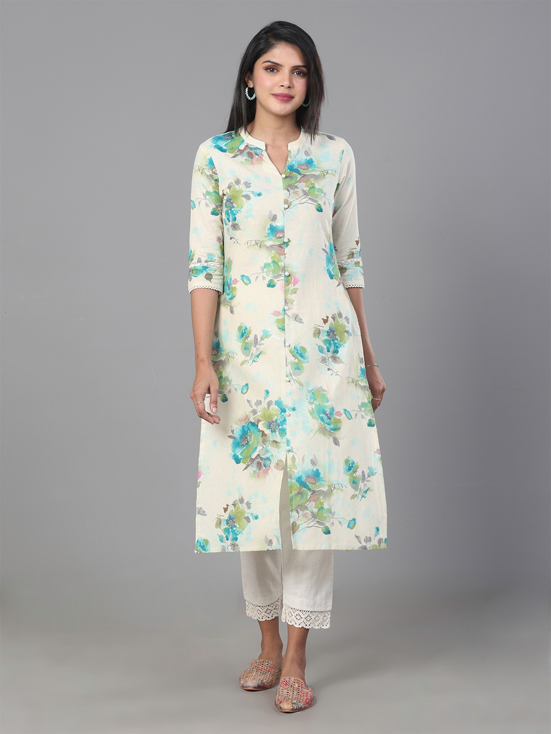 

Vismay Floral Printed Mandarin Collar Pure Cotton Kurta, White