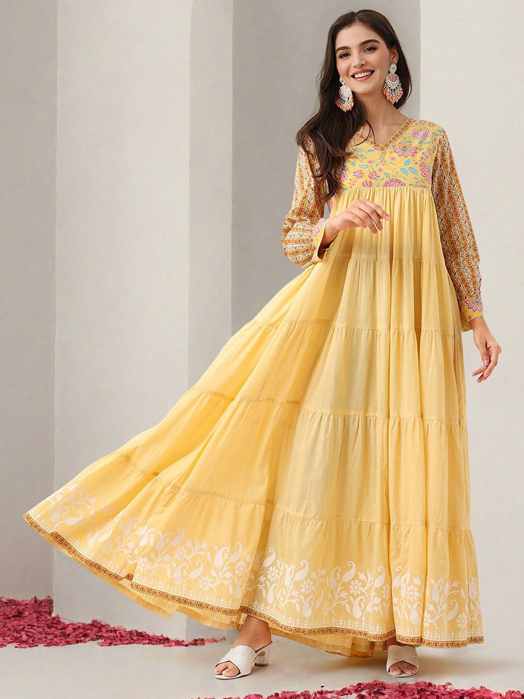 

Ishin Women Cotton Empire Maxi Dress, Yellow