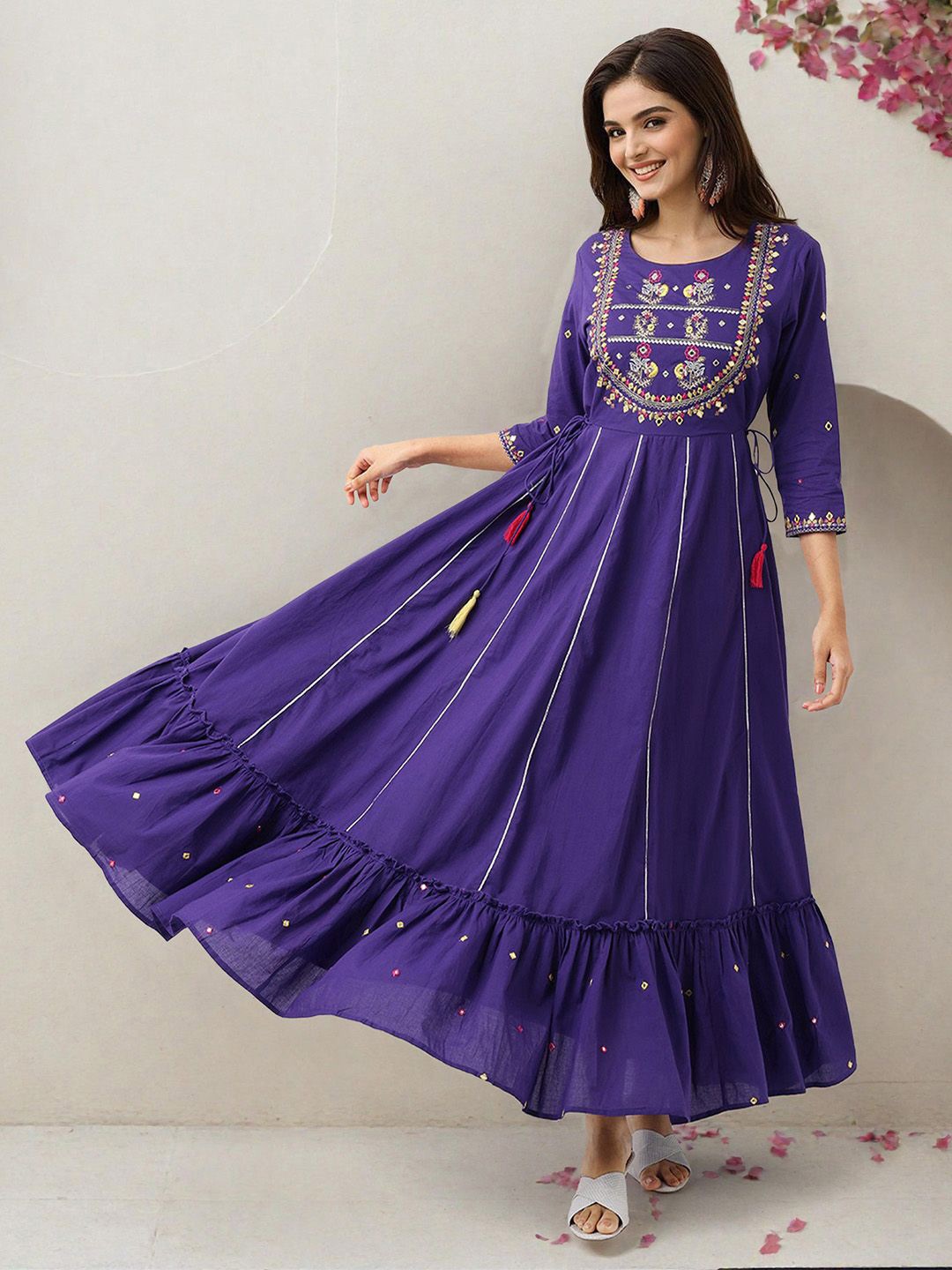 

Ishin Floral Embroidered Cotton Maxi Dress, Purple