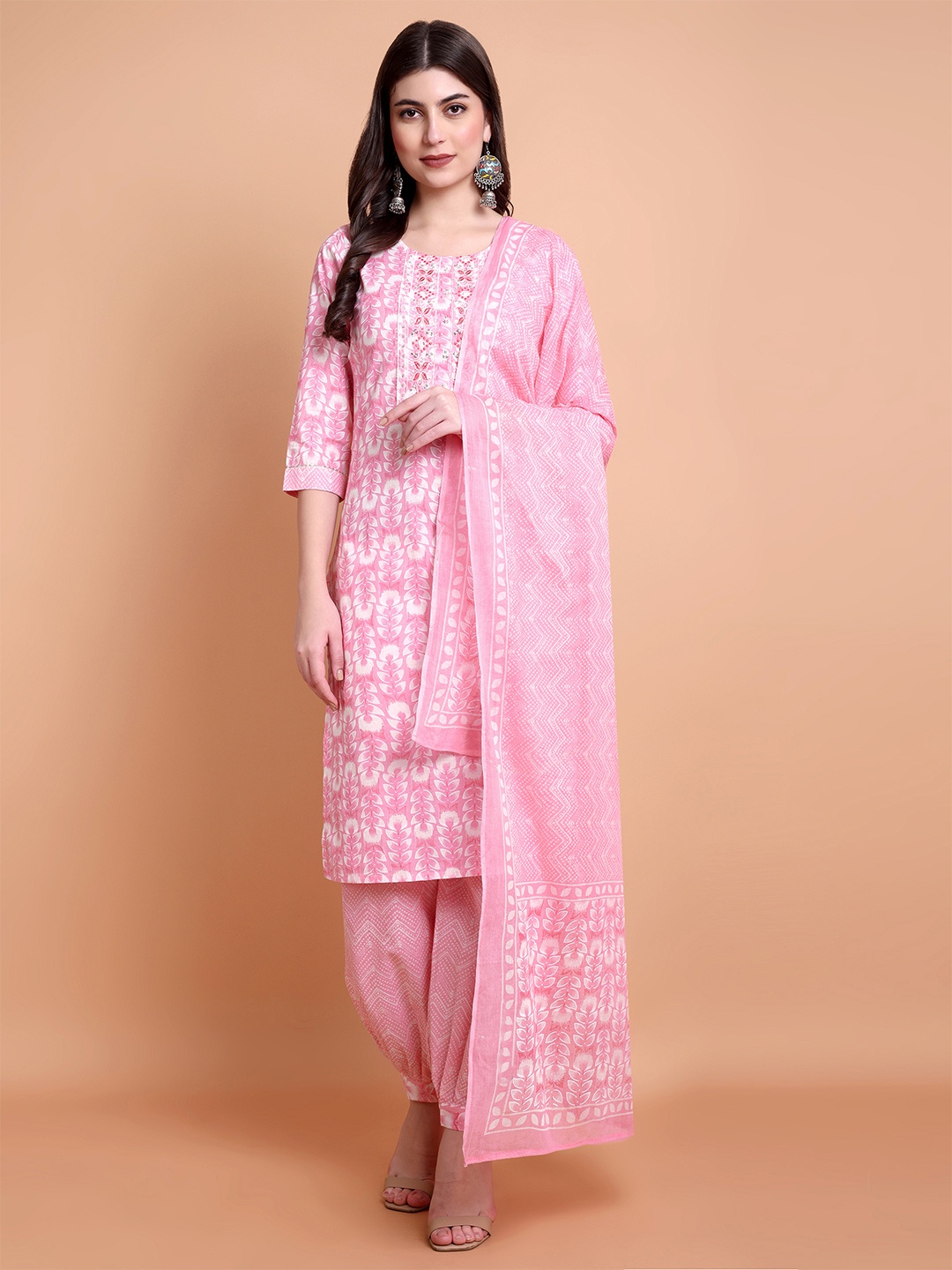 

WILL BOTTOM Women Floral Printed Regular Thread Work Pure Cotton Kurta with Trousers & With Dupatta, Pink