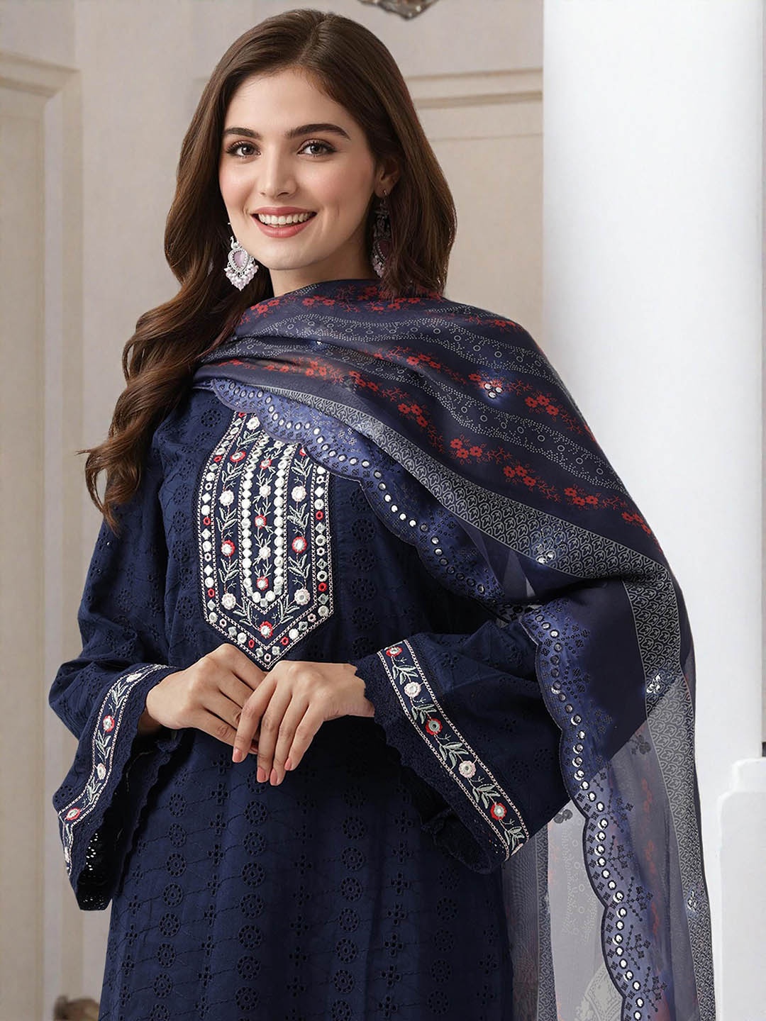 

Ishin Women Floral Printed Regular Thread Work Kurta with Trousers & With Dupatta, Navy blue