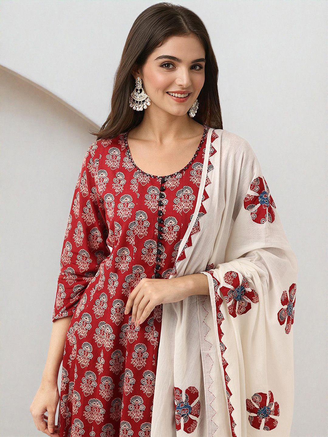 

Ishin Applique Embroidered Pure Cotton Straight Kurta with Trouser & Dupatta, Maroon