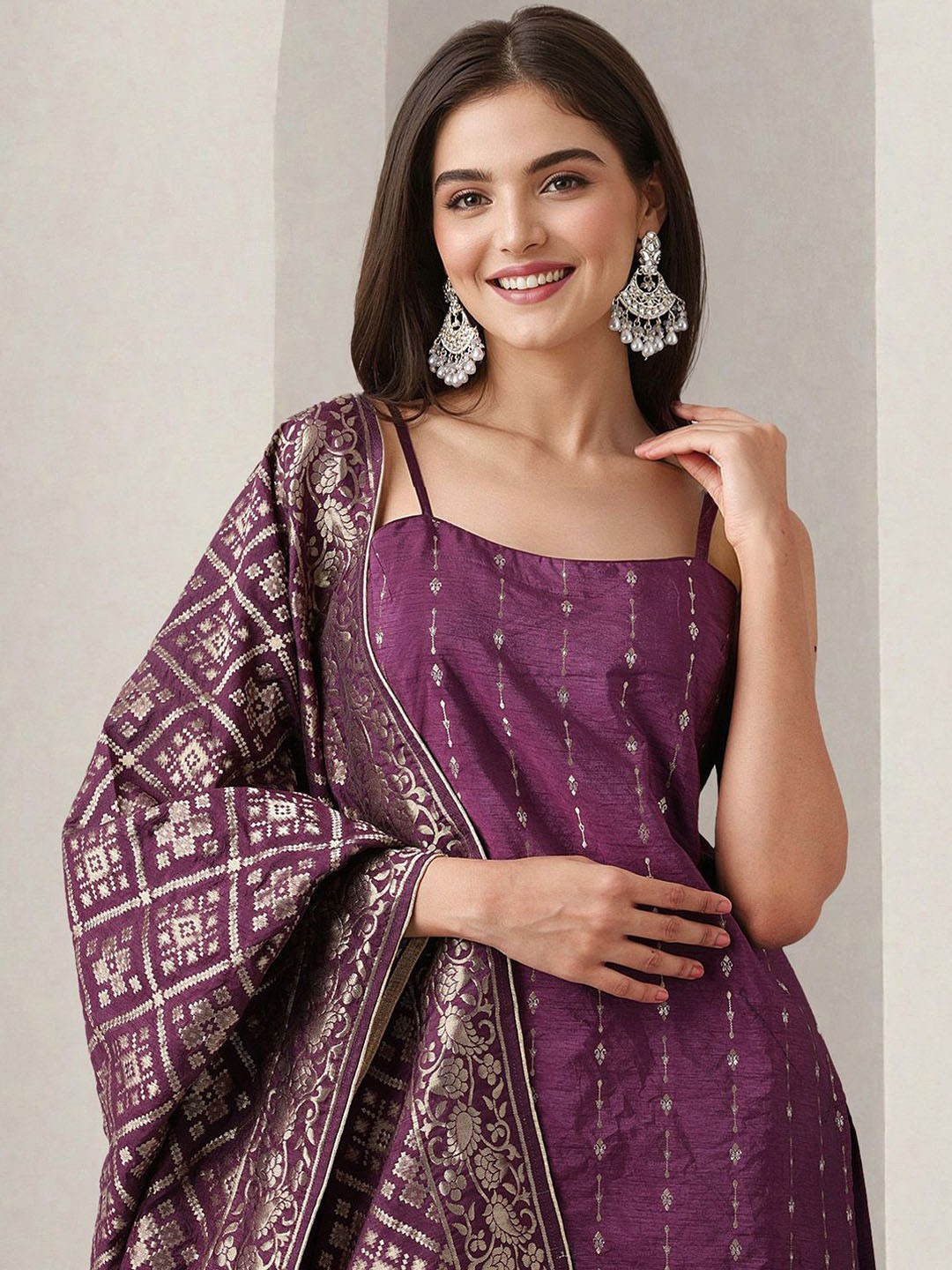 

Ishin Women Ethnic Motifs Printed Regular Sequinned Kurta with Trousers & With Dupatta, Purple