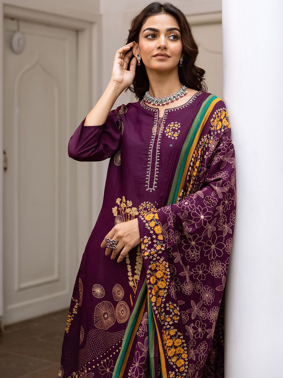Ishin Women Floral Printed Regular Thread Work Kurta with Trousers & With Dupatta, Purple