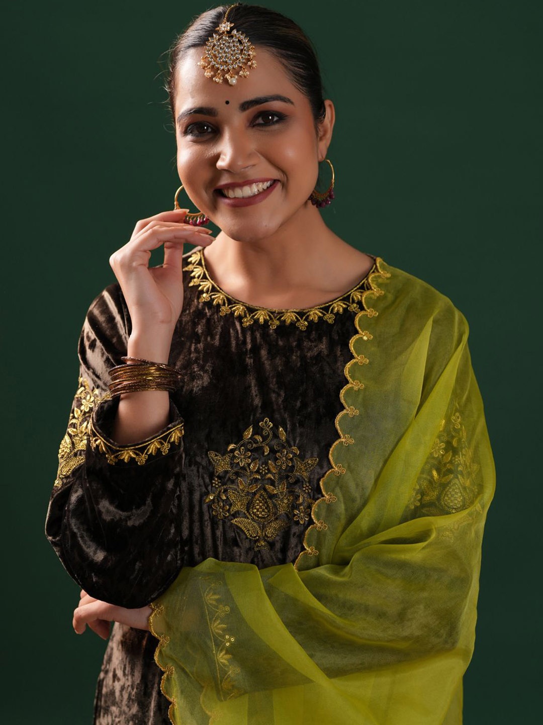 

anayna Women Embroidered Regular Velvet Kurta with Trousers & With Dupatta, Grey