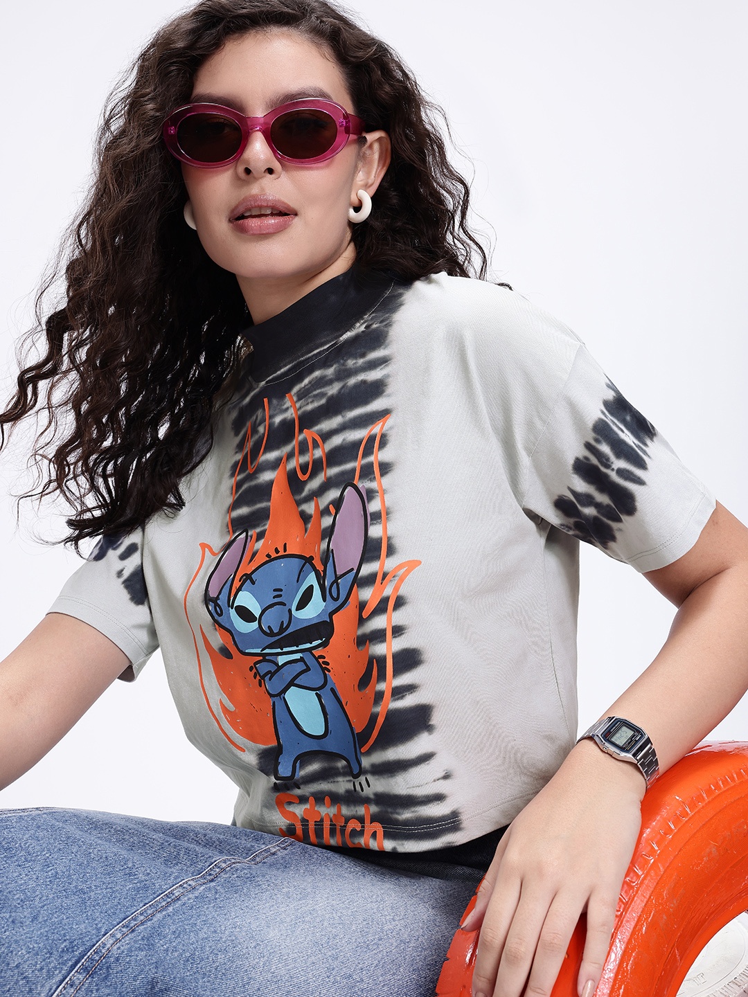 

Kook N Keech Stitch Printed High Neck Drop-Shoulder Sleeves Boxy T-shirt, Grey
