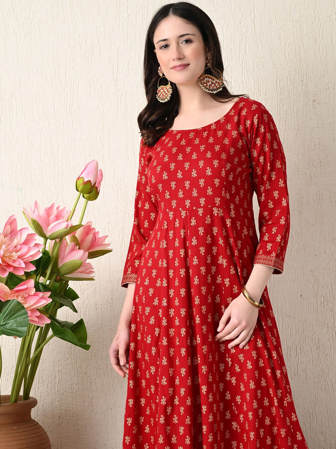 

ao services Ethnic Motifs Printed Round Neck Anarkali Kurta, Red