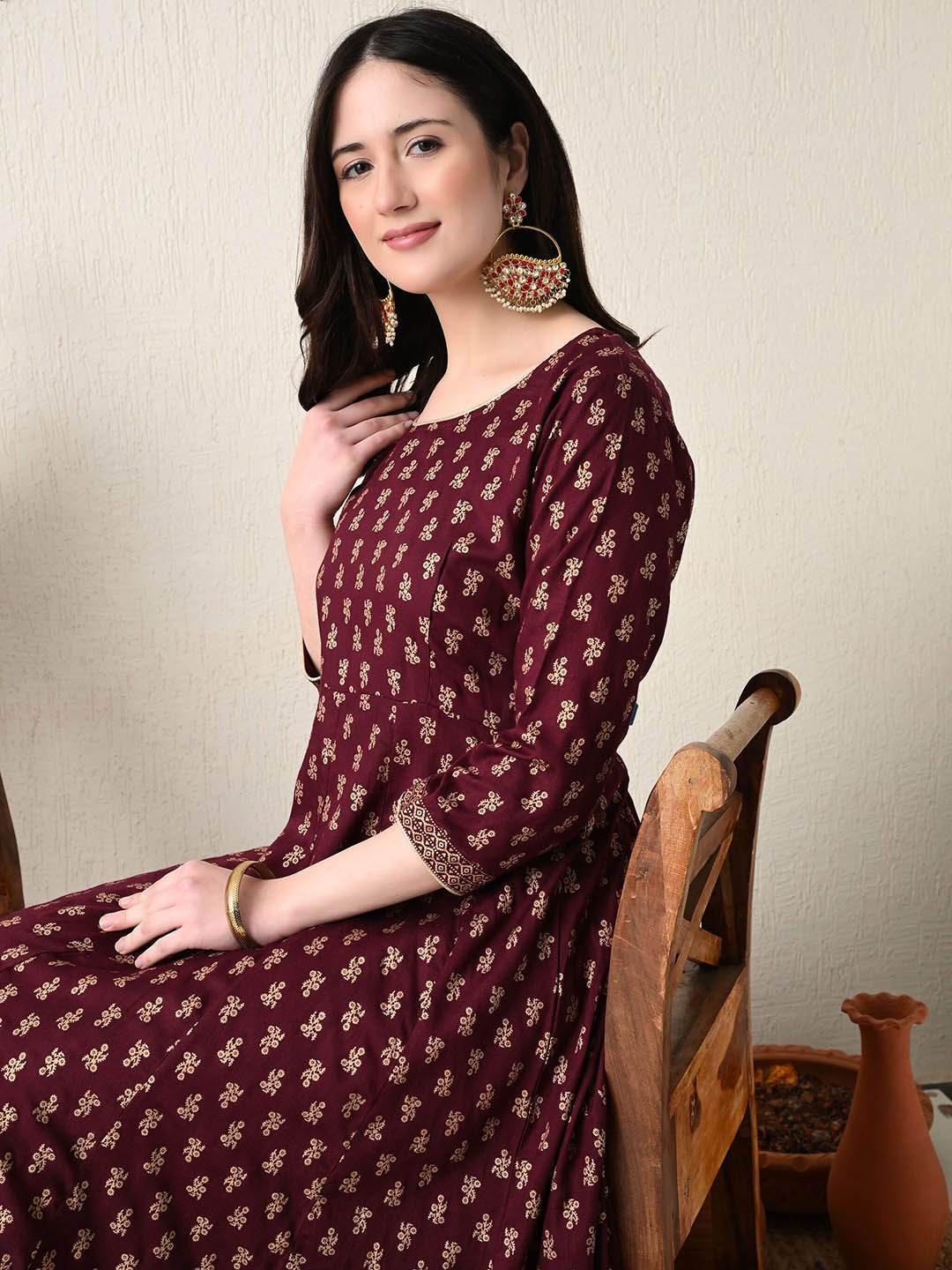 

ao services Ethnic Motifs Printed Round Neck Anarkali Kurta, Maroon