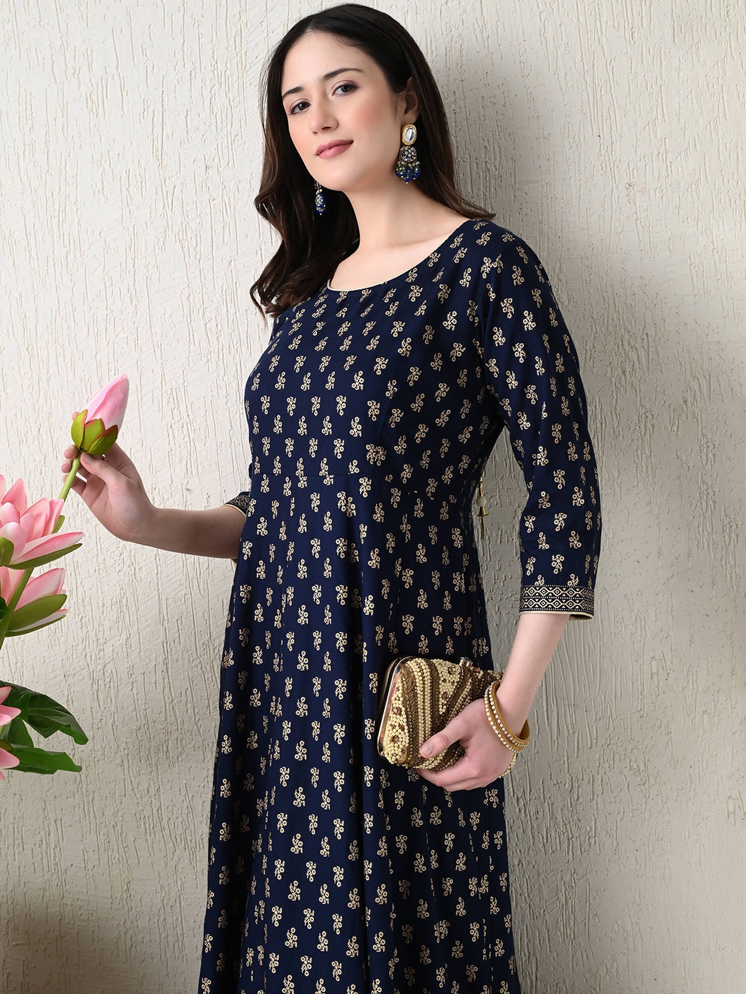 

ao services Ethnic Motifs Printed Round Neck Anarkali Kurta, Navy blue