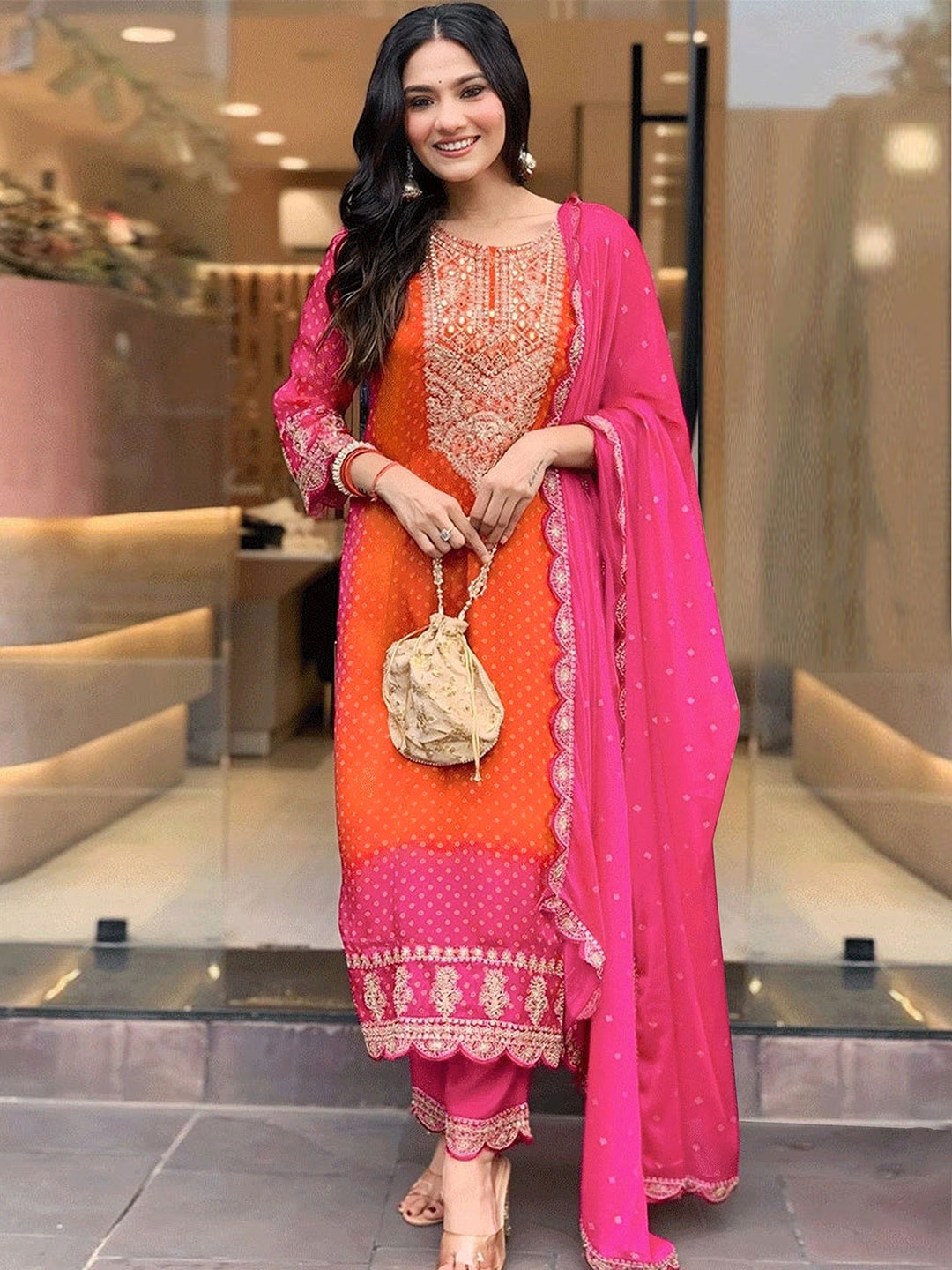 

Trendmalls Floral Embroidered Silk Chiffon Straight Kurta with Trousers & Dupatta, Orange