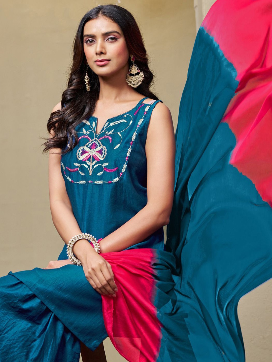 

Sangria Women Cotton Silk Embroidered Straight Kurta Sharara With Dupatta Set, Teal