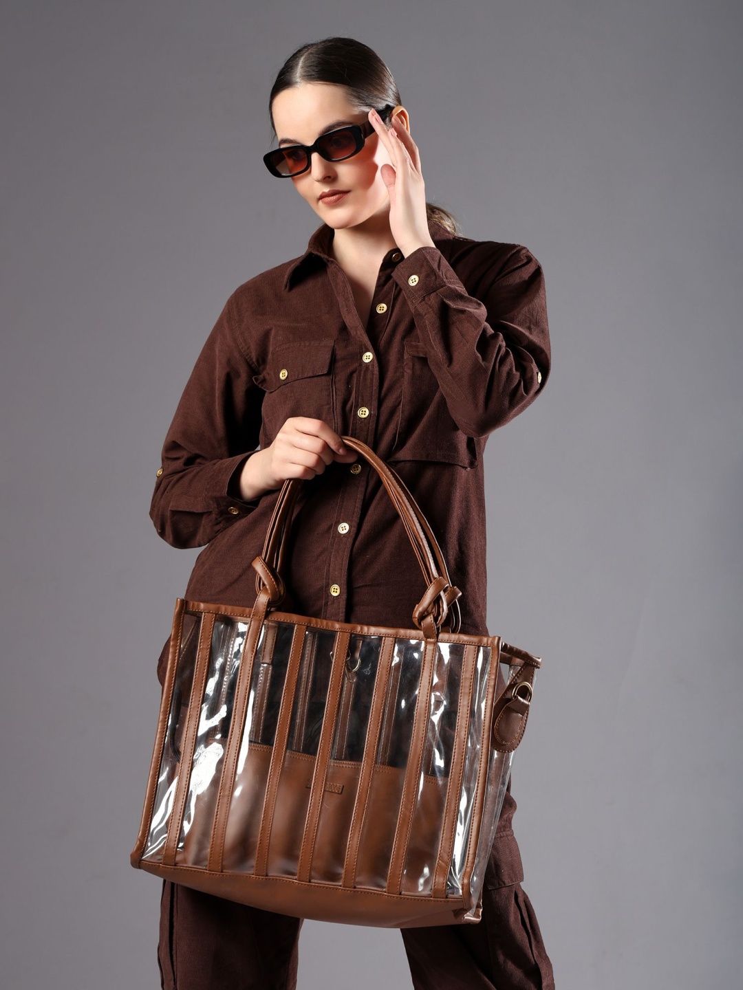 

ENSAC Women Striped Shopper Leather Tote Bag, Brown