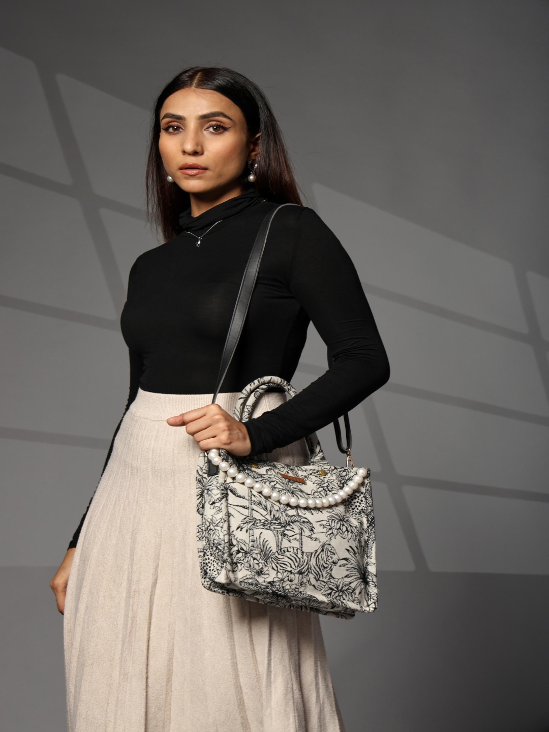 

ENSAC Women Floral Printed Structured Cotton Sling Bag, Off white