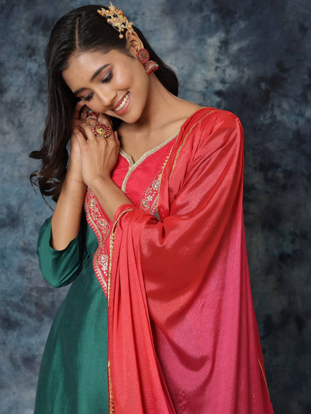 

Sangria Women Cotton Silk Embroidered Straight Kurta Salwar With Dupatta Set, Green
