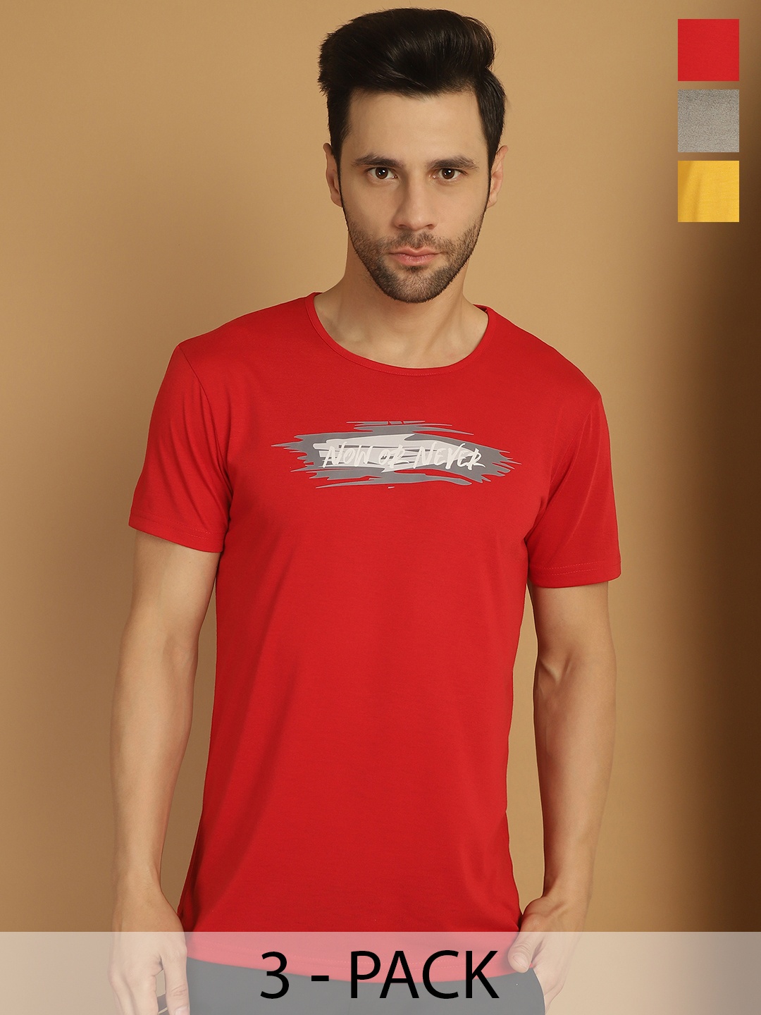 

MACK JONNEY Men Pack Of 3 Typography Printed Round Neck Cotton T-shirts, Red