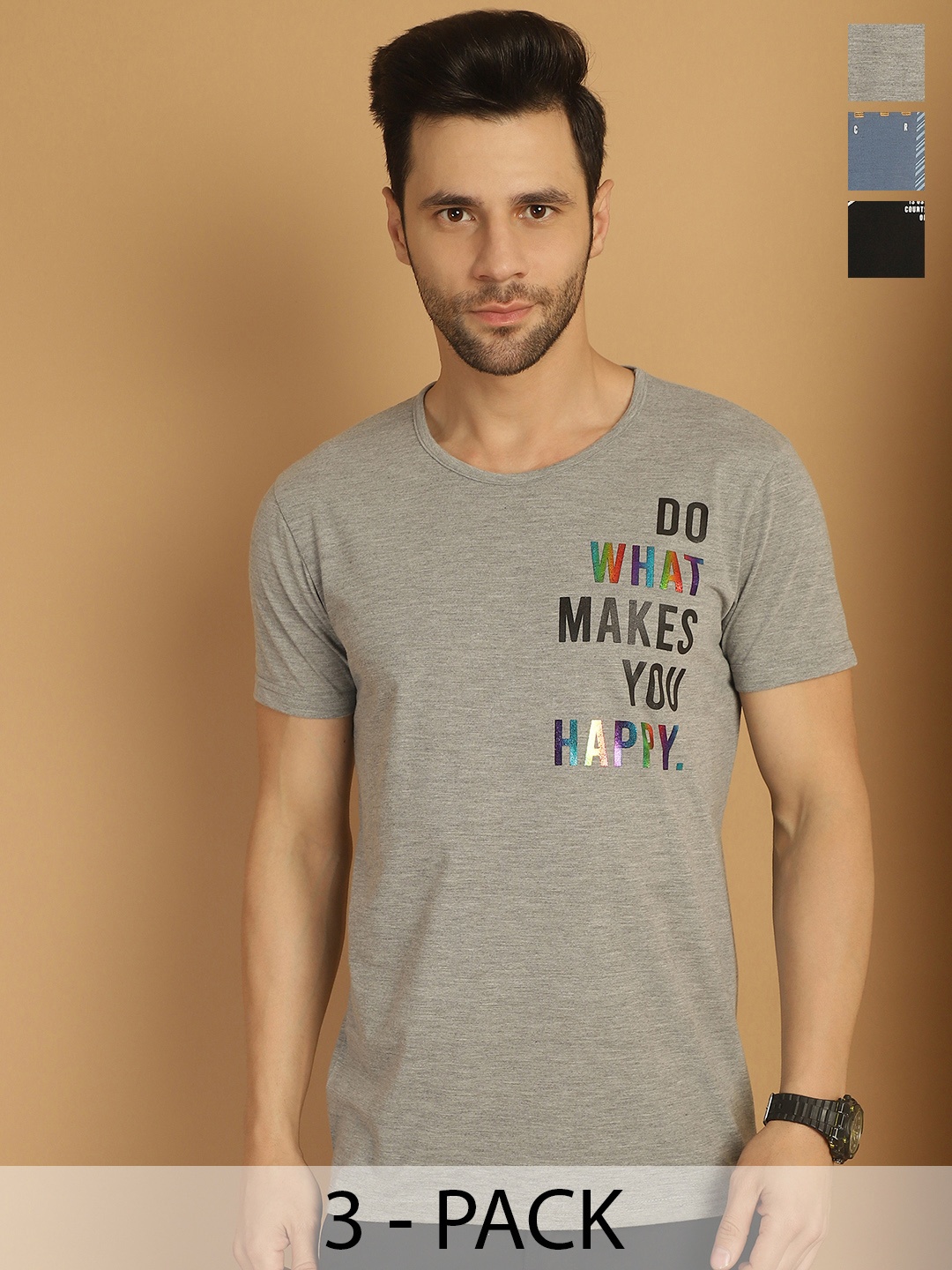 MACK JONNEY Men Pack Of 3 Typography Printed Round Neck Cotton T-shirts, Black